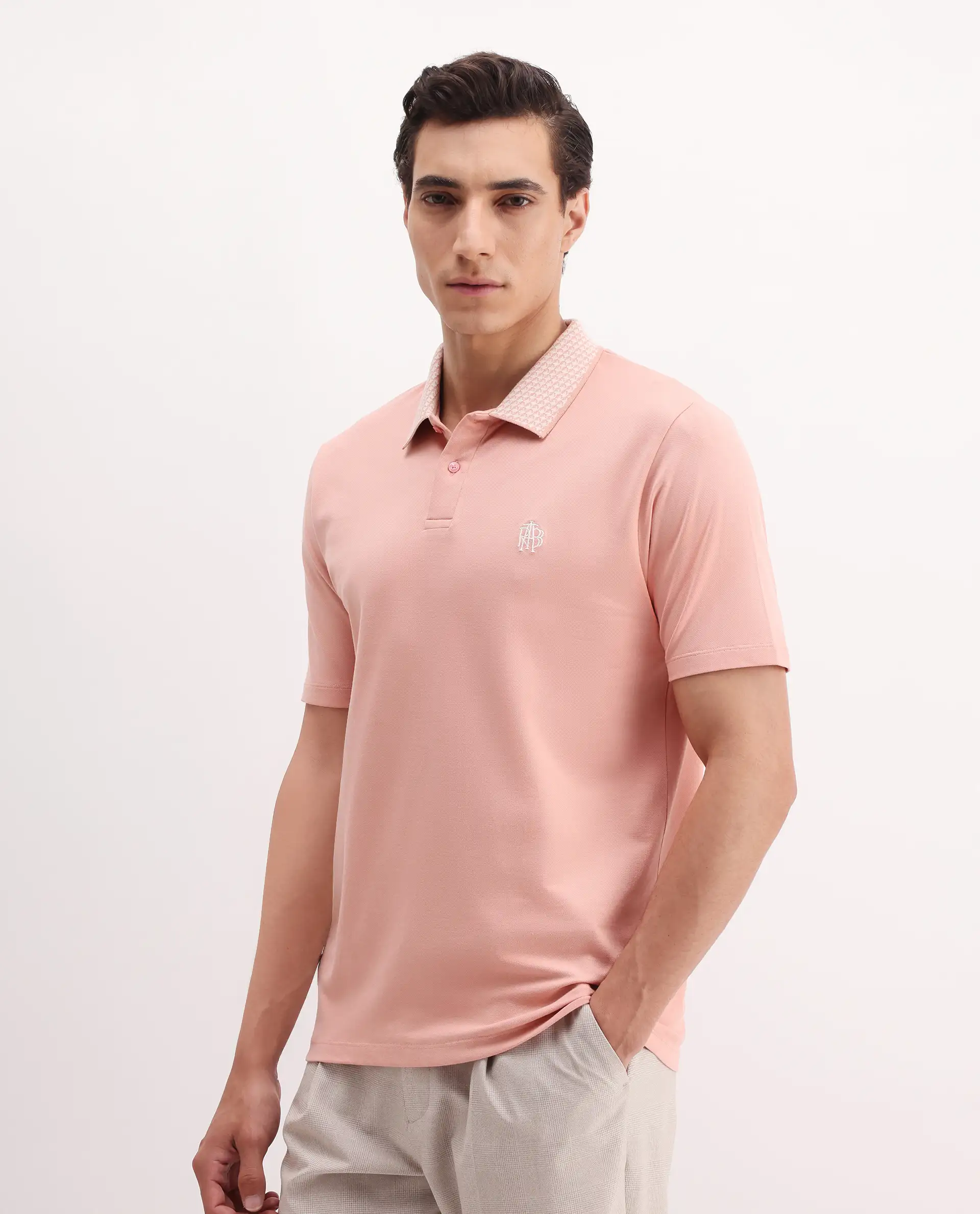 Rare Rabbit Men's Booth Light Peach Cotton Embroidered Regular Fit Half Sleeve Polo - Image 5