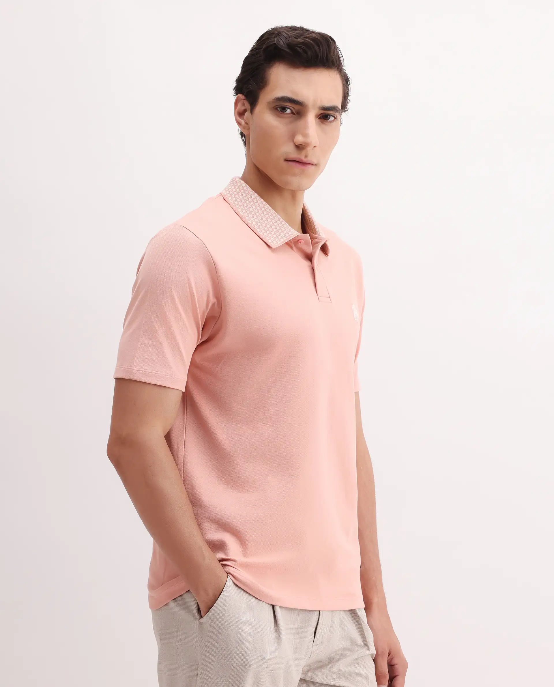 Rare Rabbit Men's Booth Light Peach Cotton Embroidered Regular Fit Half Sleeve Polo - Image 6