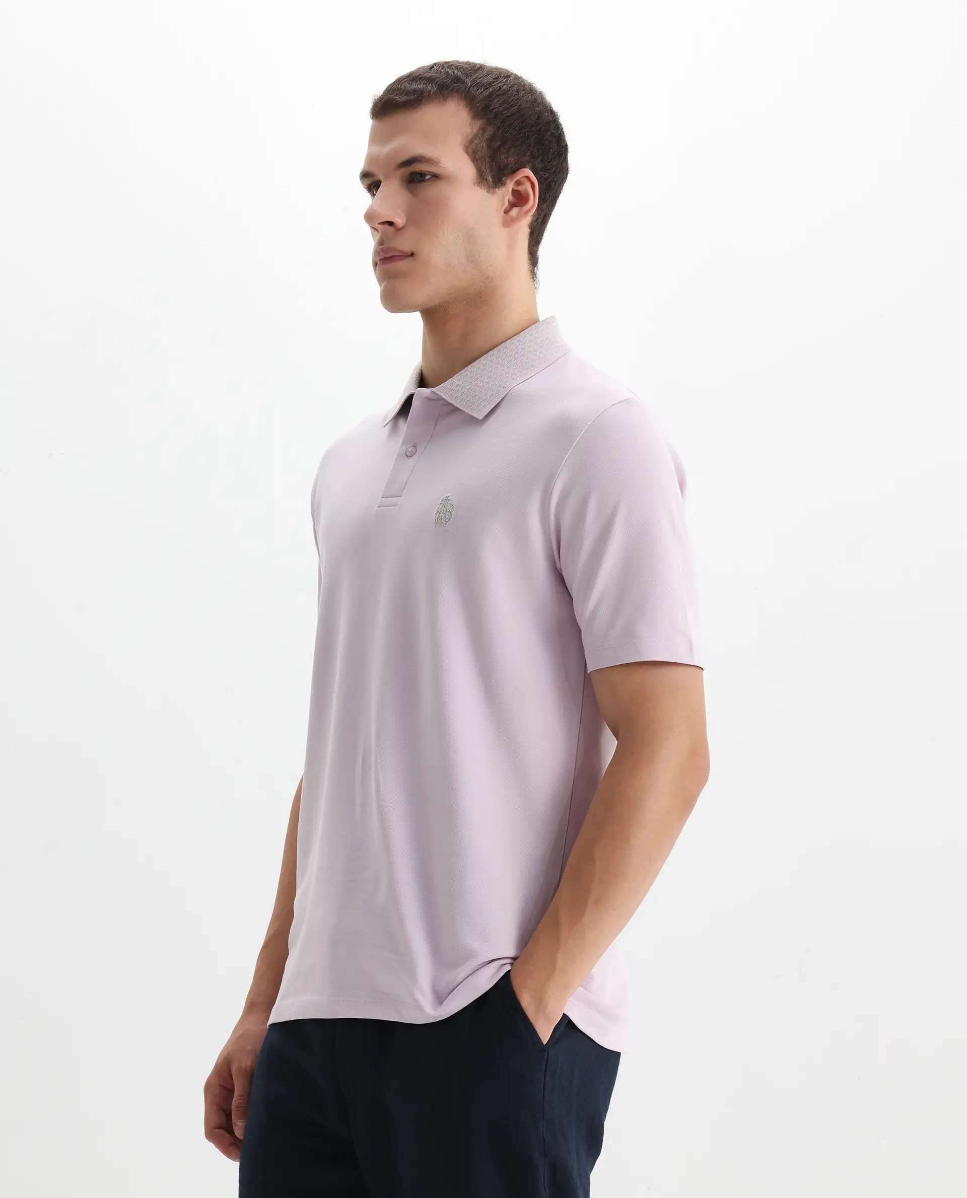 Rare Rabbit Men's Booth Light Purple Cotton Embroidered Regular Fit Half Sleeve Polo - Image 4