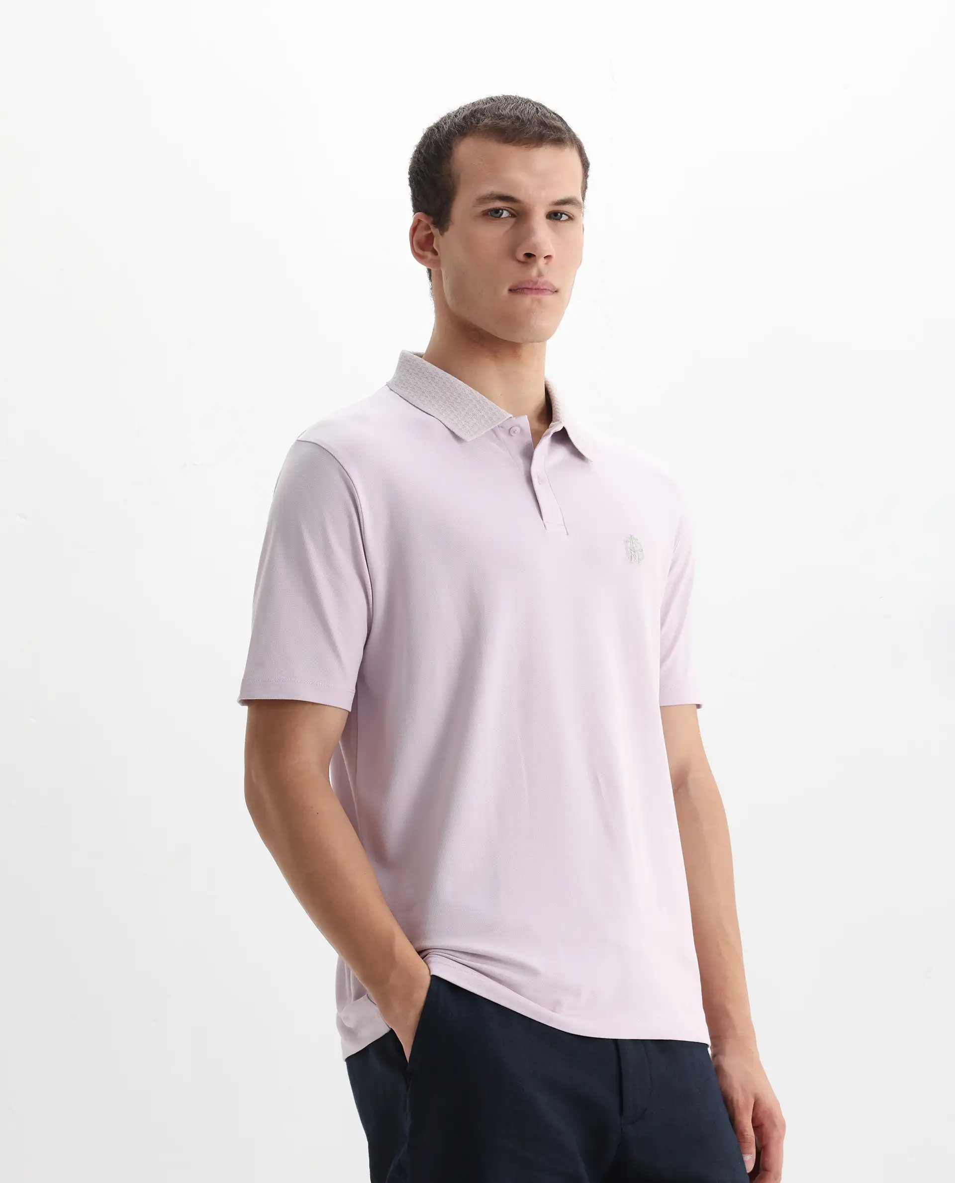Rare Rabbit Men's Booth Light Purple Cotton Embroidered Regular Fit Half Sleeve Polo - Image 5