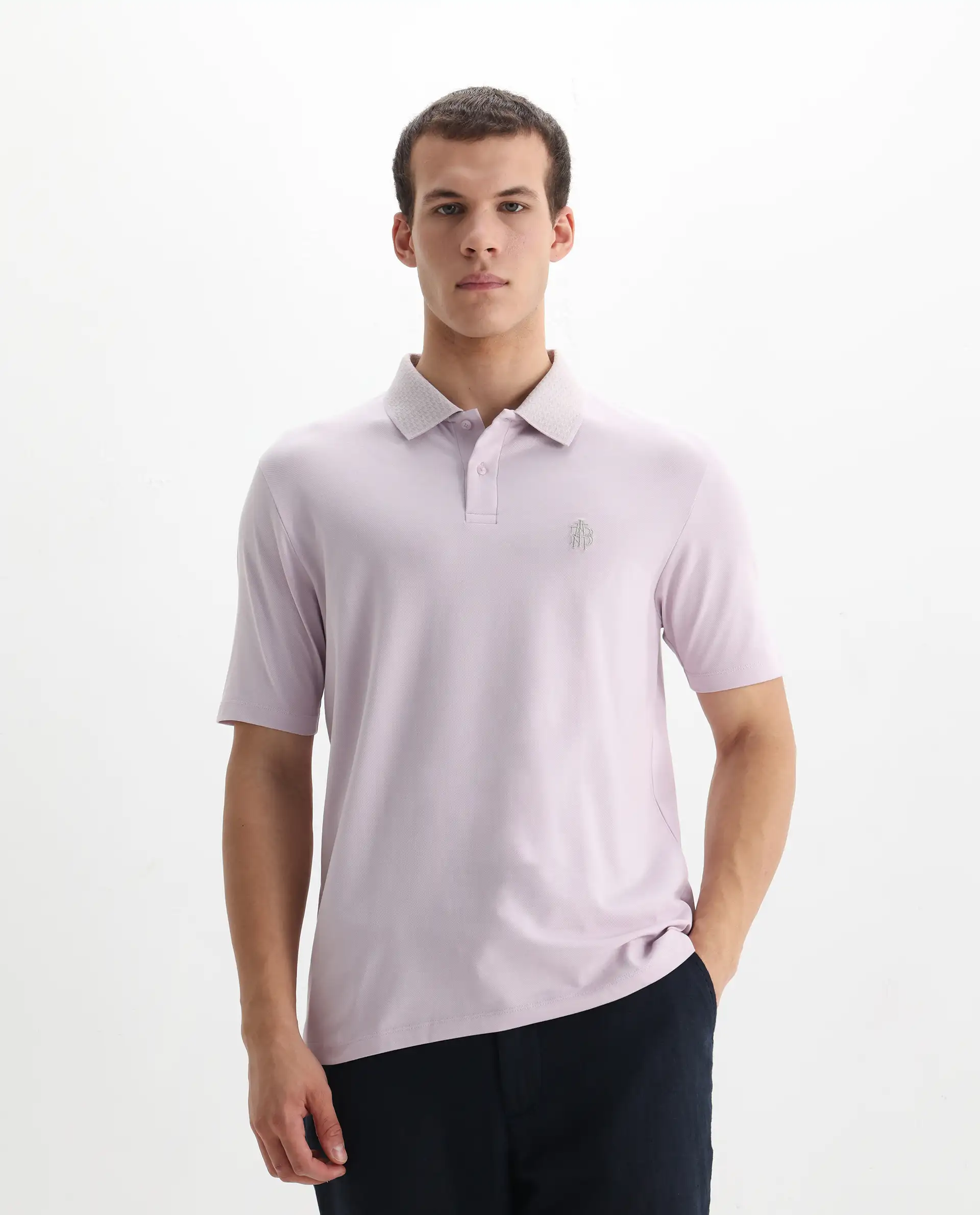 Rare Rabbit Men's Booth Light Purple Cotton Embroidered Regular Fit Half Sleeve Polo - Image 6