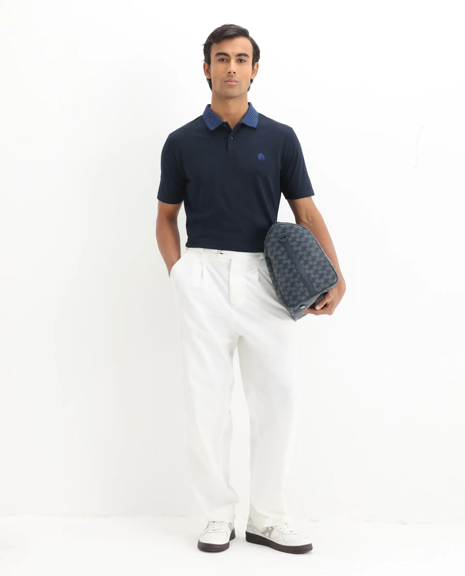 Rare Rabbit Men's Booth Navy Cotton Embroidered Regular Fit Half Sleeve Polo - Image 2