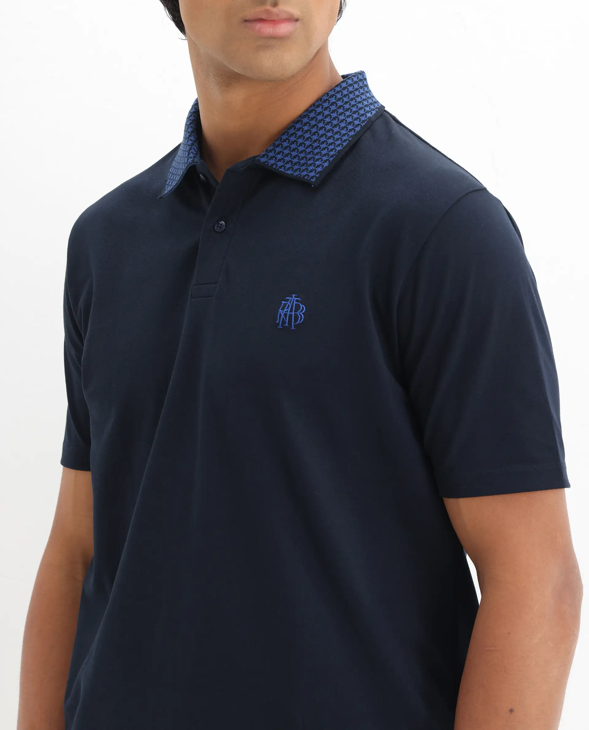 Rare Rabbit Men's Booth Navy Cotton Embroidered Regular Fit Half Sleeve Polo - Image 3