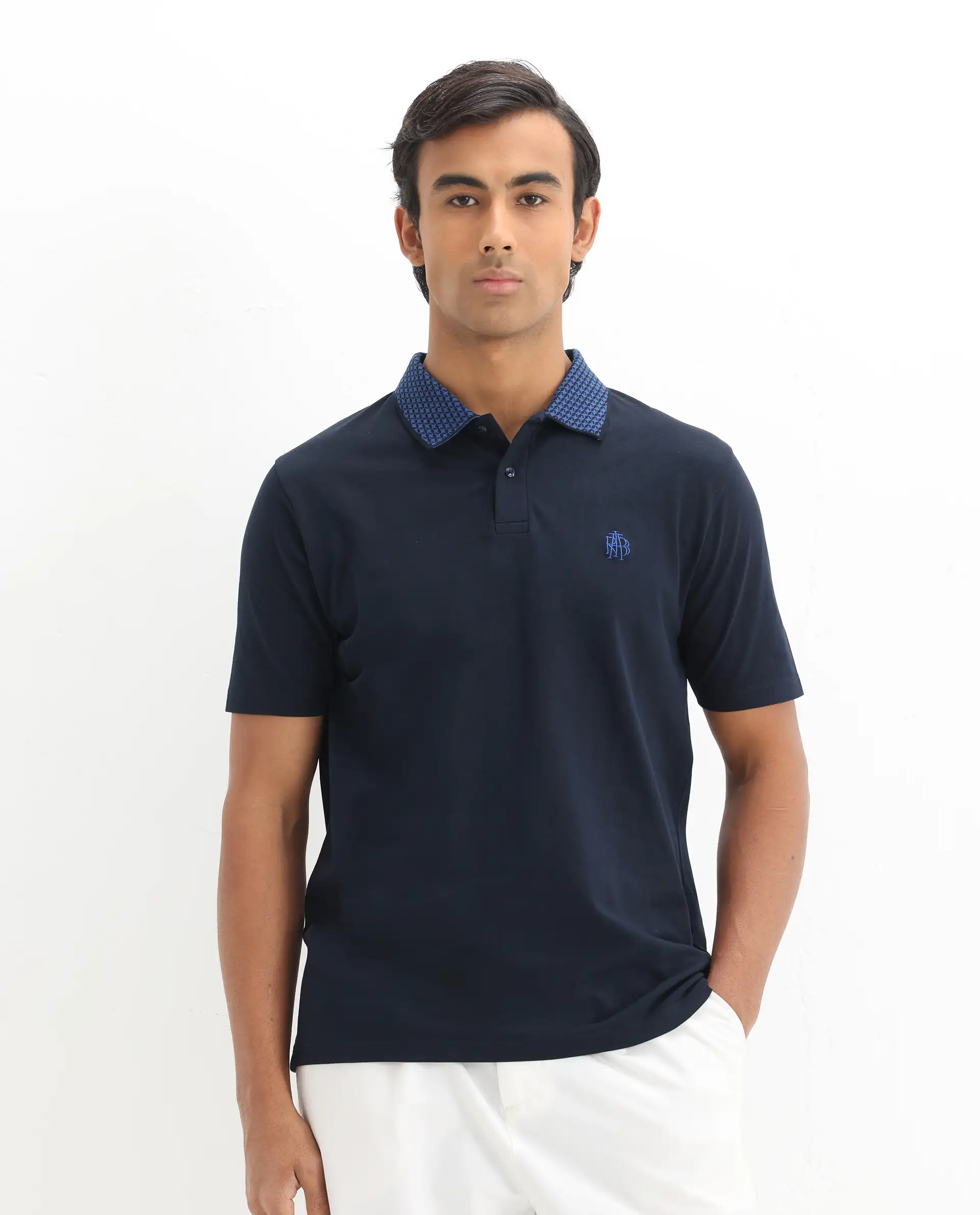 Rare Rabbit Men's Booth Navy Cotton Embroidered Regular Fit Half Sleeve Polo - Image 5