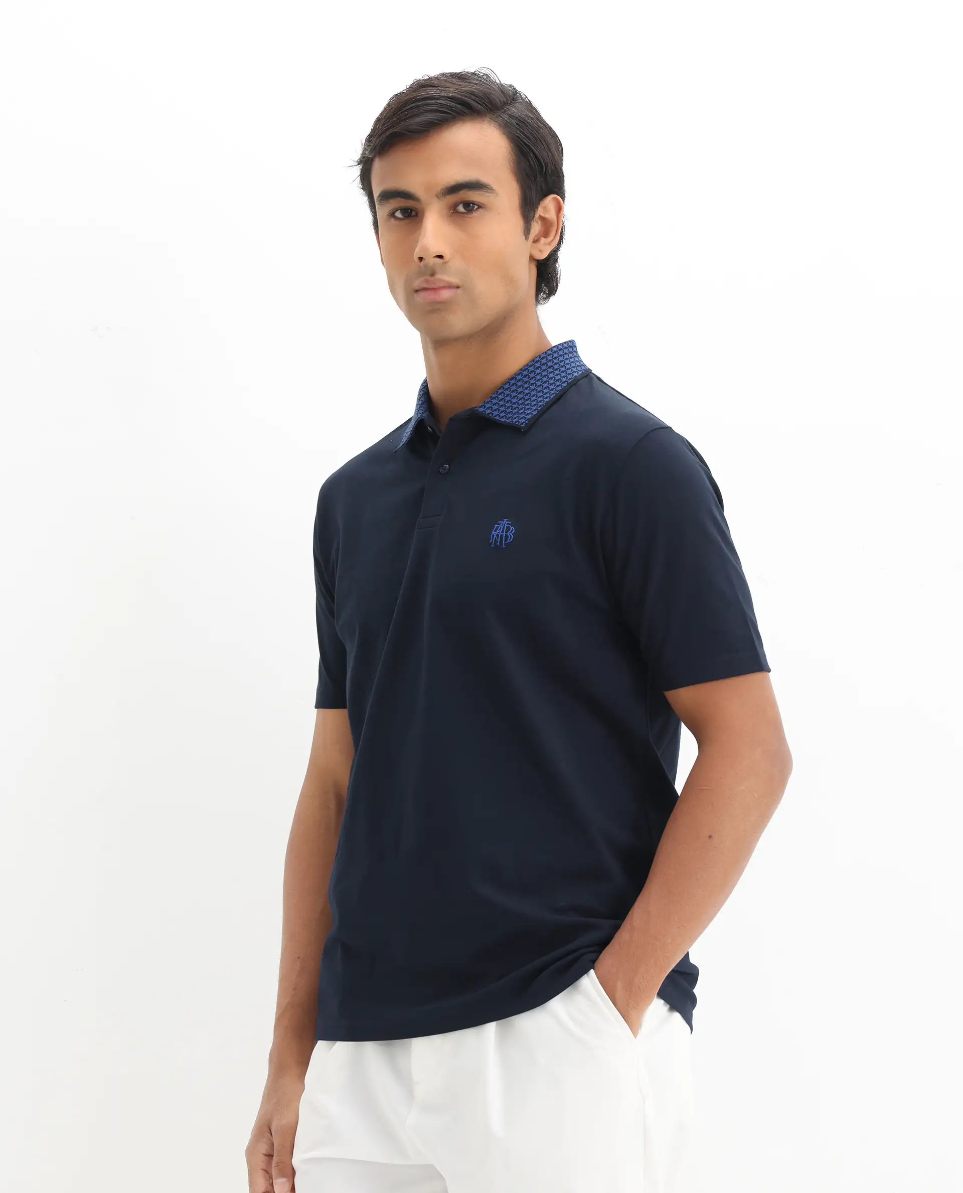 Rare Rabbit Men's Booth Navy Cotton Embroidered Regular Fit Half Sleeve Polo - Image 6