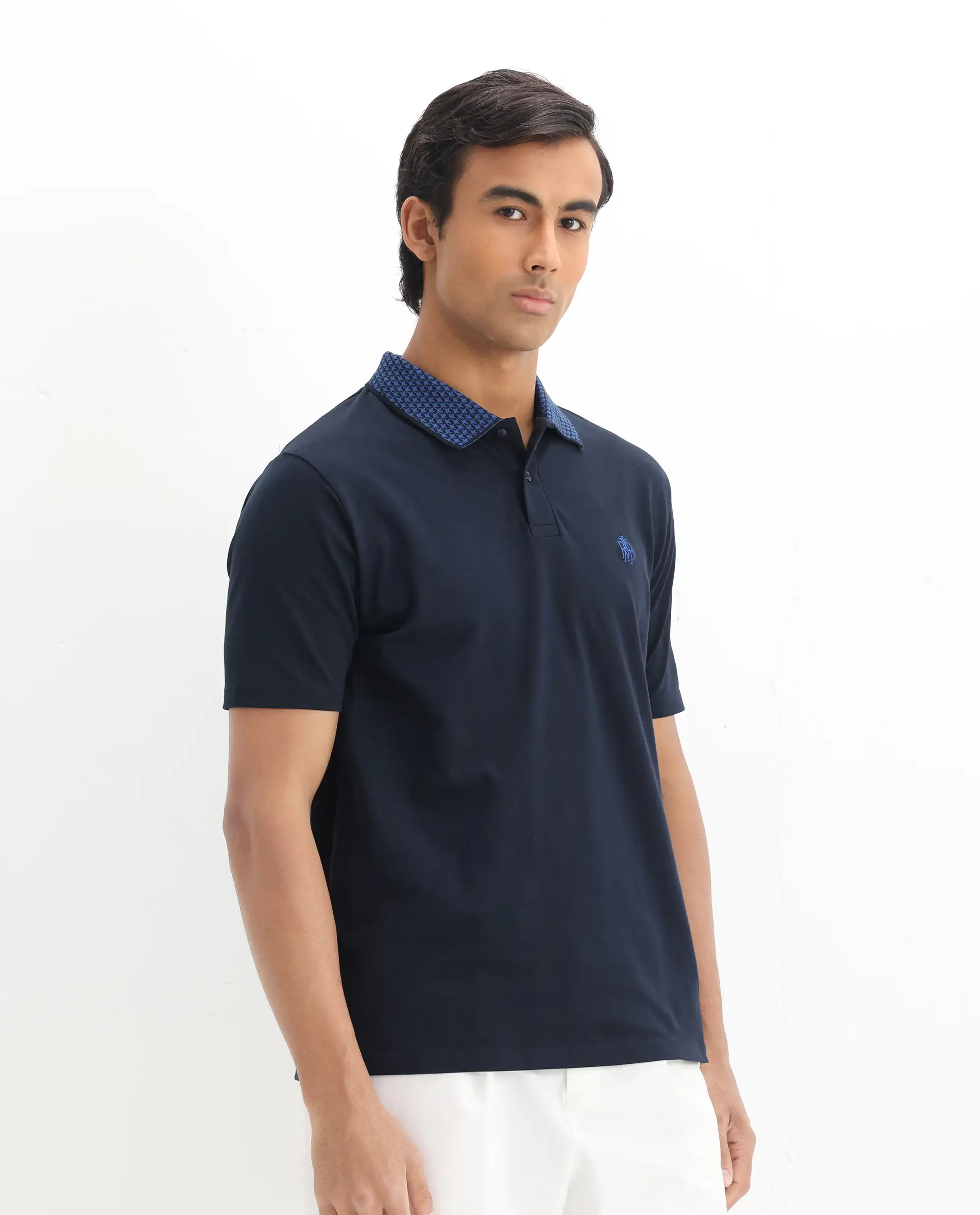 Rare Rabbit Men's Booth Navy Cotton Embroidered Regular Fit Half Sleeve Polo - Image 7