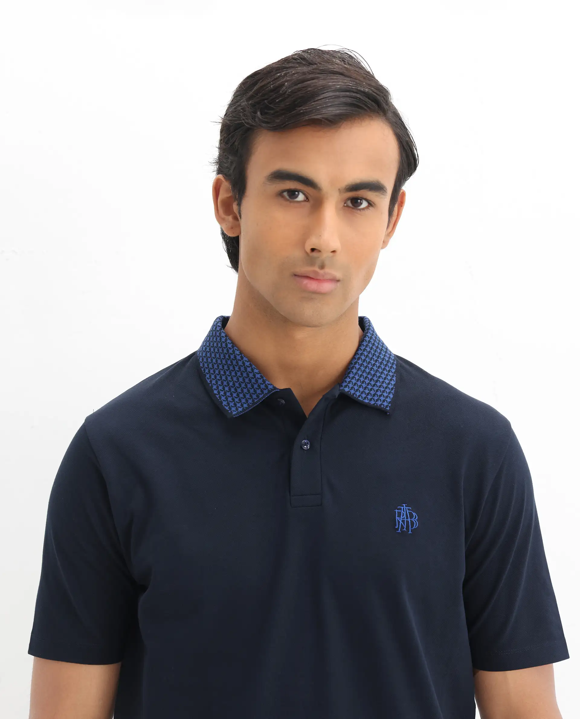 Rare Rabbit Men's Booth Navy Cotton Embroidered Regular Fit Half Sleeve Polo - Image 8