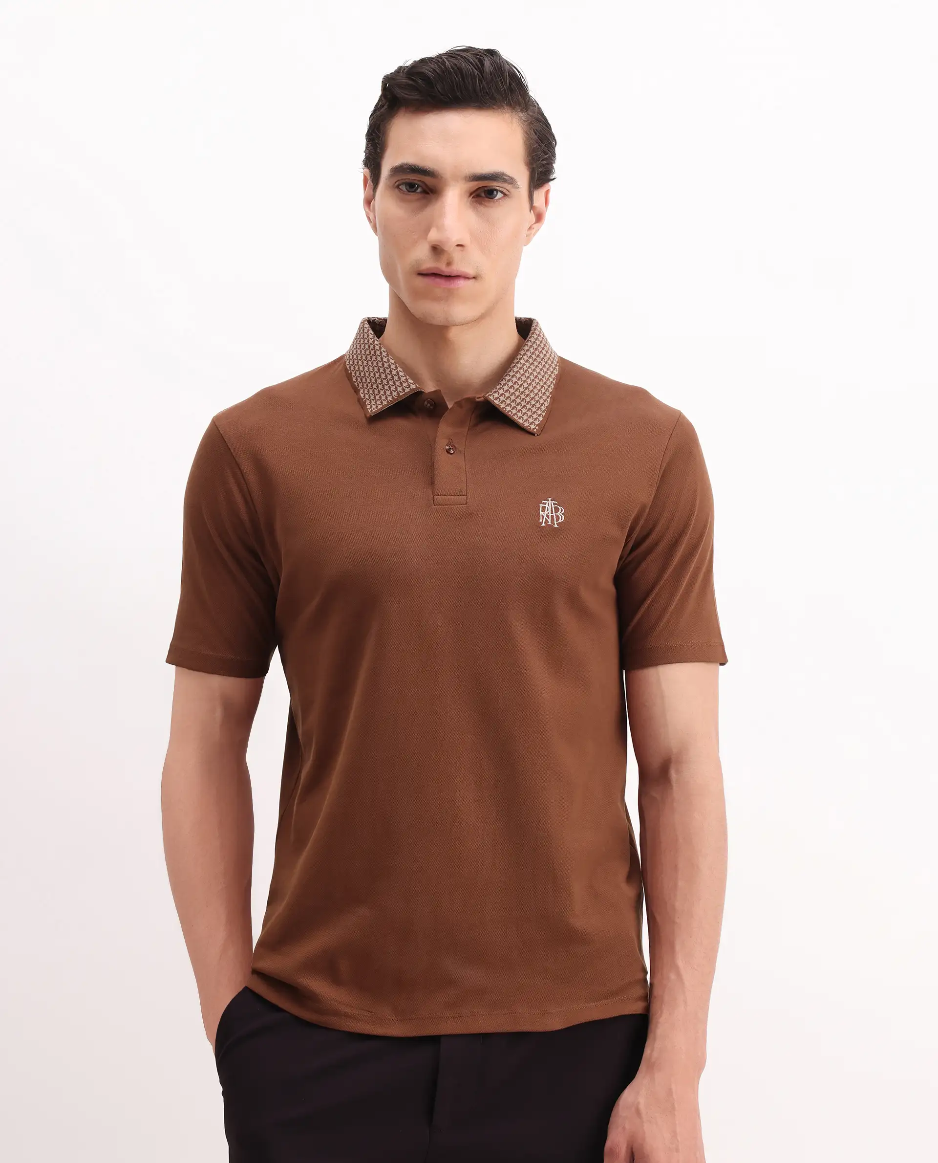 Rare Rabbit Men's Booth Rust Cotton Embroidered Regular Fit Half Sleeve Polo - Image 3