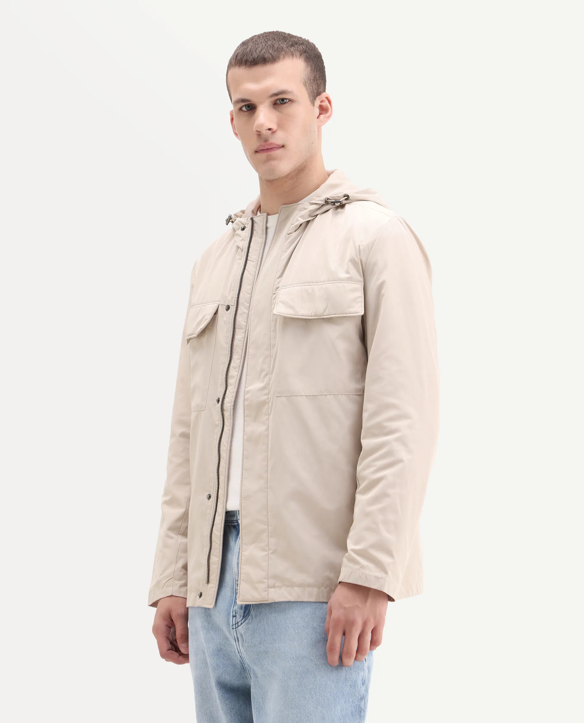 Rare Rabbit Men's Boqi Beige Polyester Fabric Hooded Regular Fit Plain Jacket - Image 4