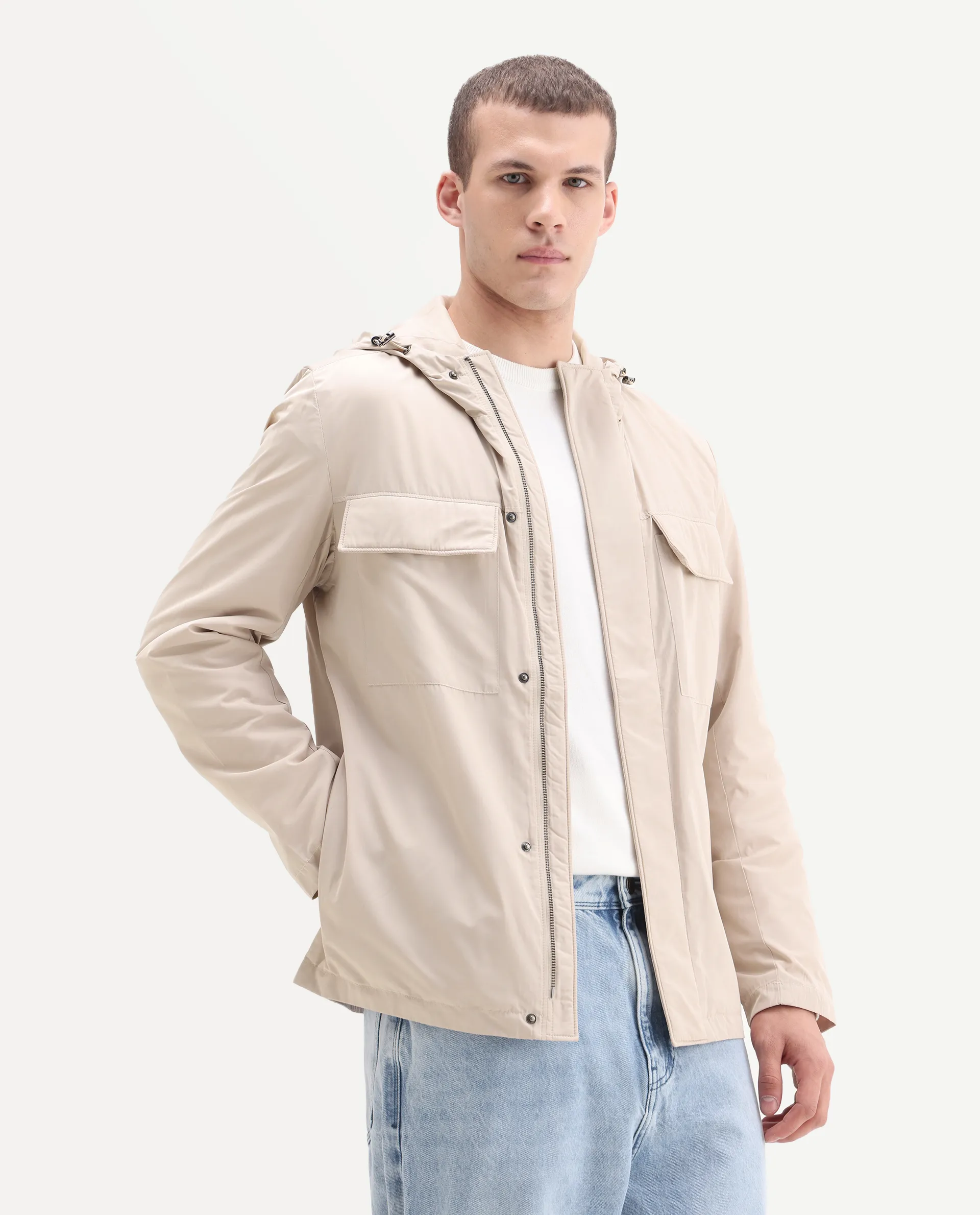 Rare Rabbit Men's Boqi Beige Polyester Fabric Hooded Regular Fit Plain Jacket - Image 5