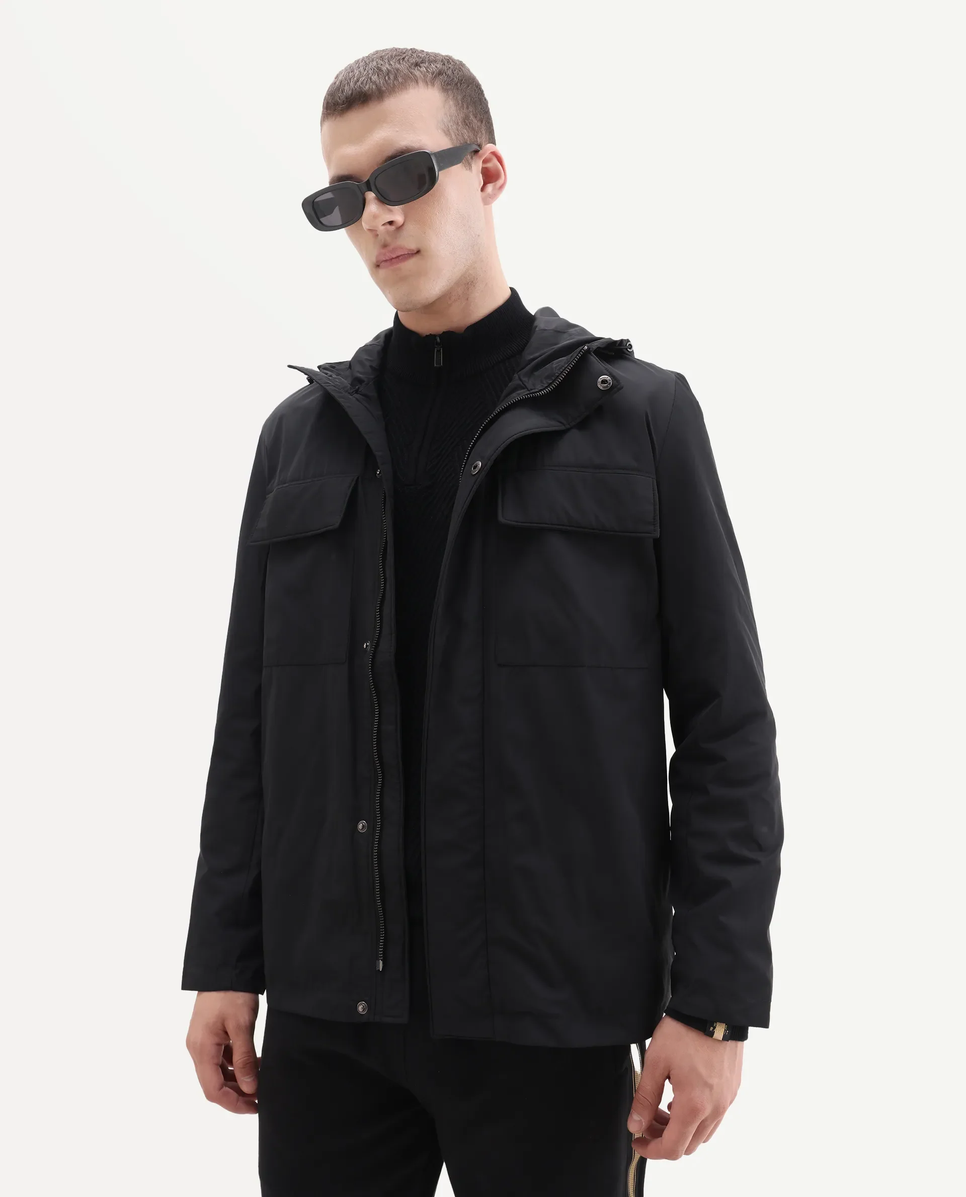 Rare Rabbit Men's Boqi Black Polyester Fabric Hooded Regular Fit Plain Jacket