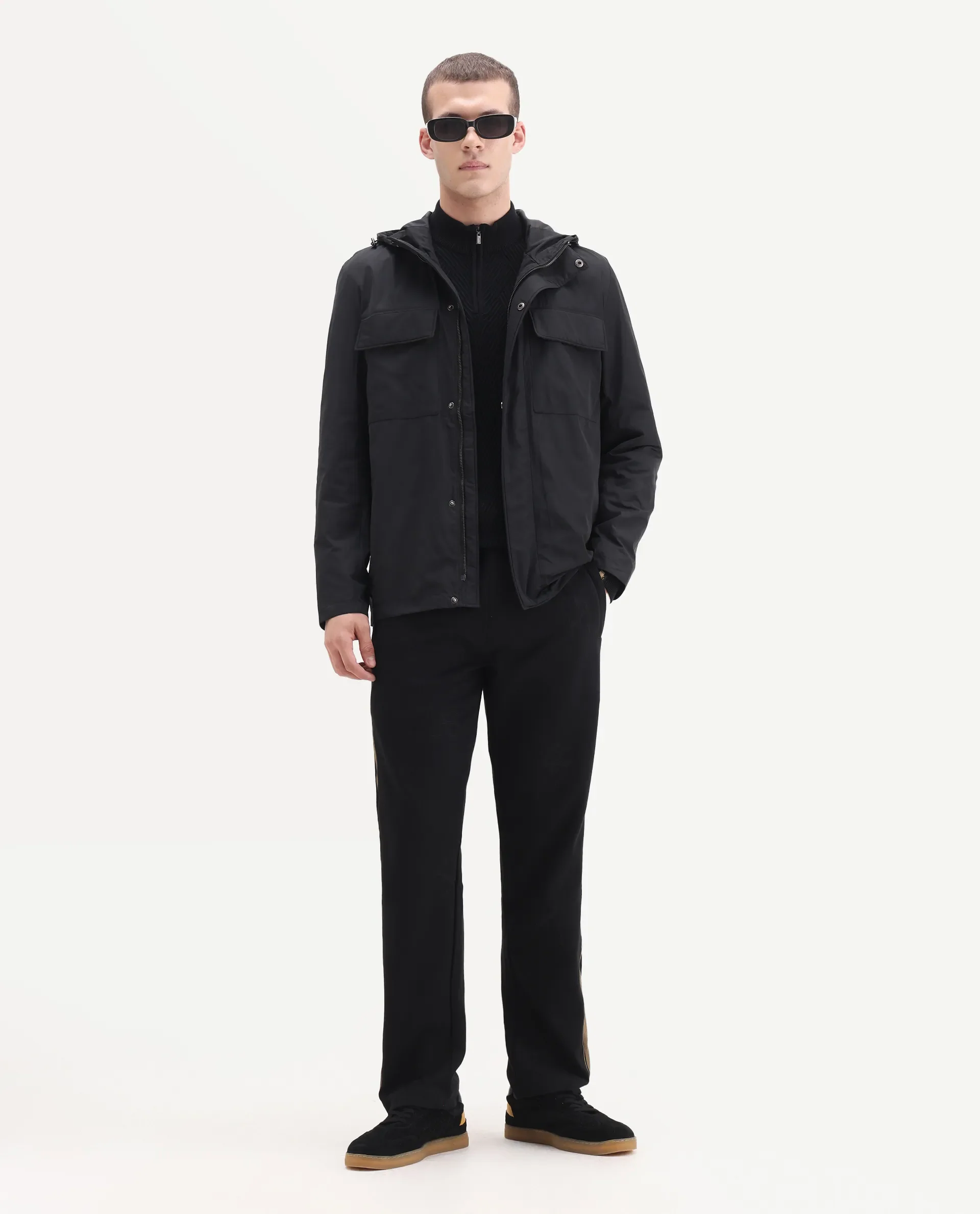 Rare Rabbit Men's Boqi Black Polyester Fabric Hooded Regular Fit Plain Jacket - Image 2