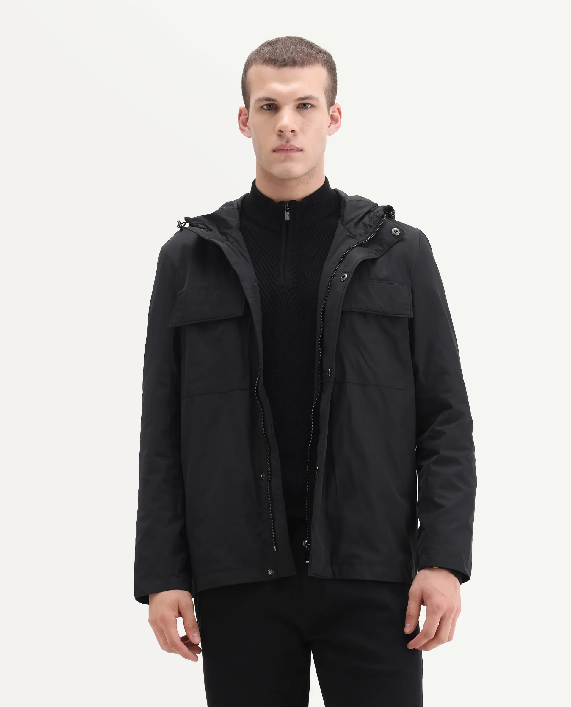 Rare Rabbit Men's Boqi Black Polyester Fabric Hooded Regular Fit Plain Jacket - Image 4
