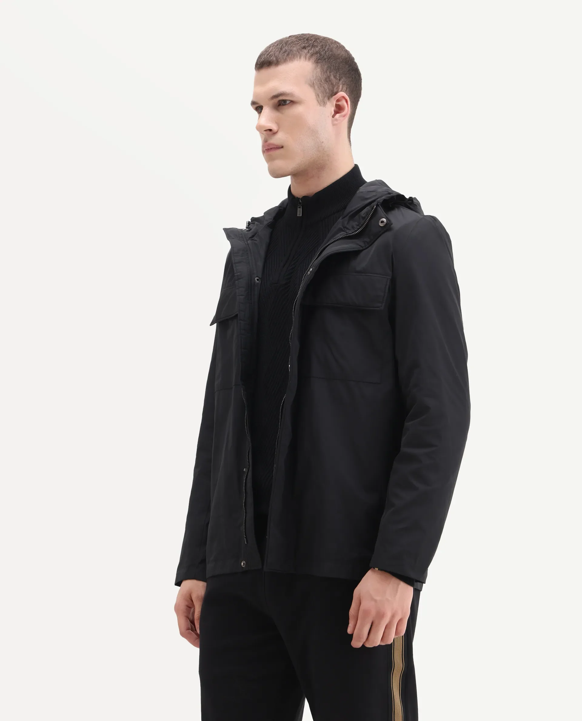 Rare Rabbit Men's Boqi Black Polyester Fabric Hooded Regular Fit Plain Jacket - Image 5