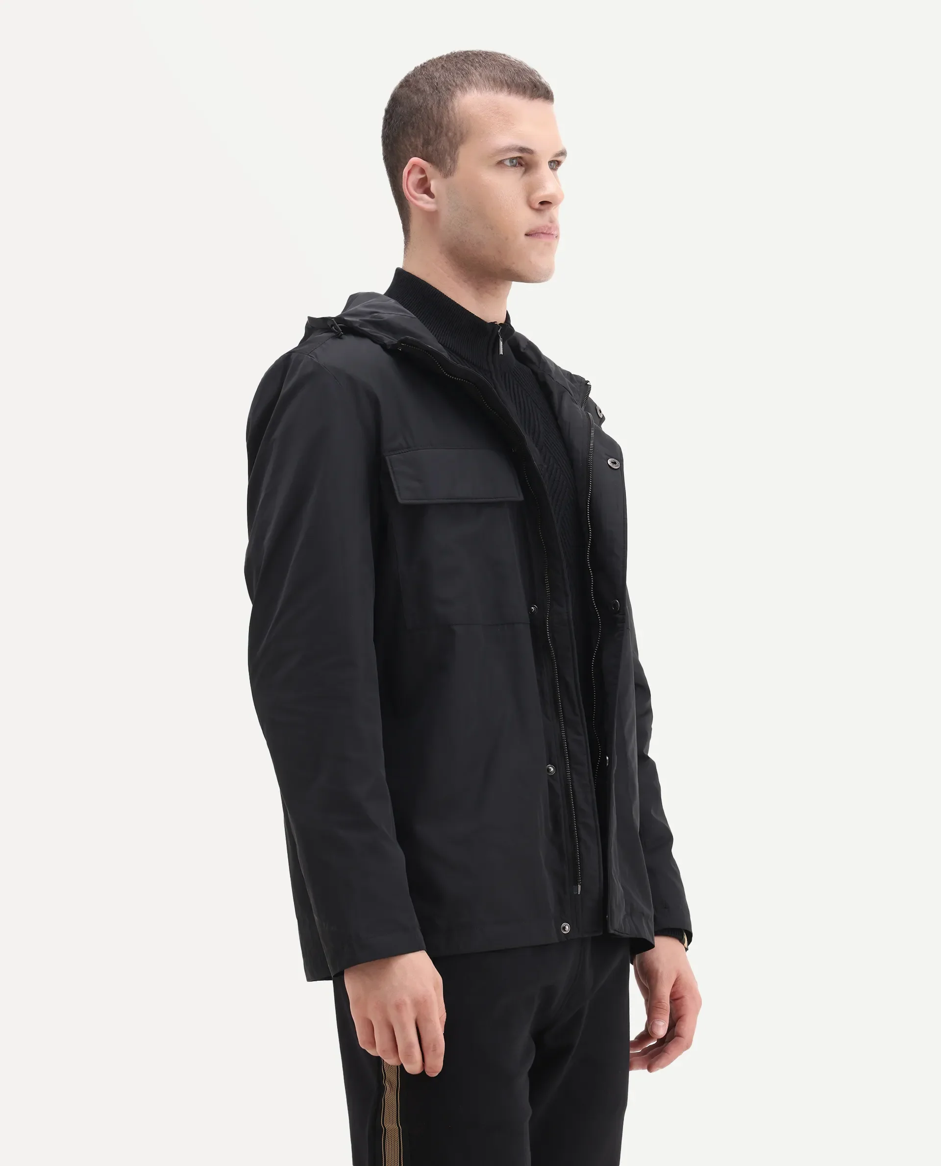Rare Rabbit Men's Boqi Black Polyester Fabric Hooded Regular Fit Plain Jacket - Image 6