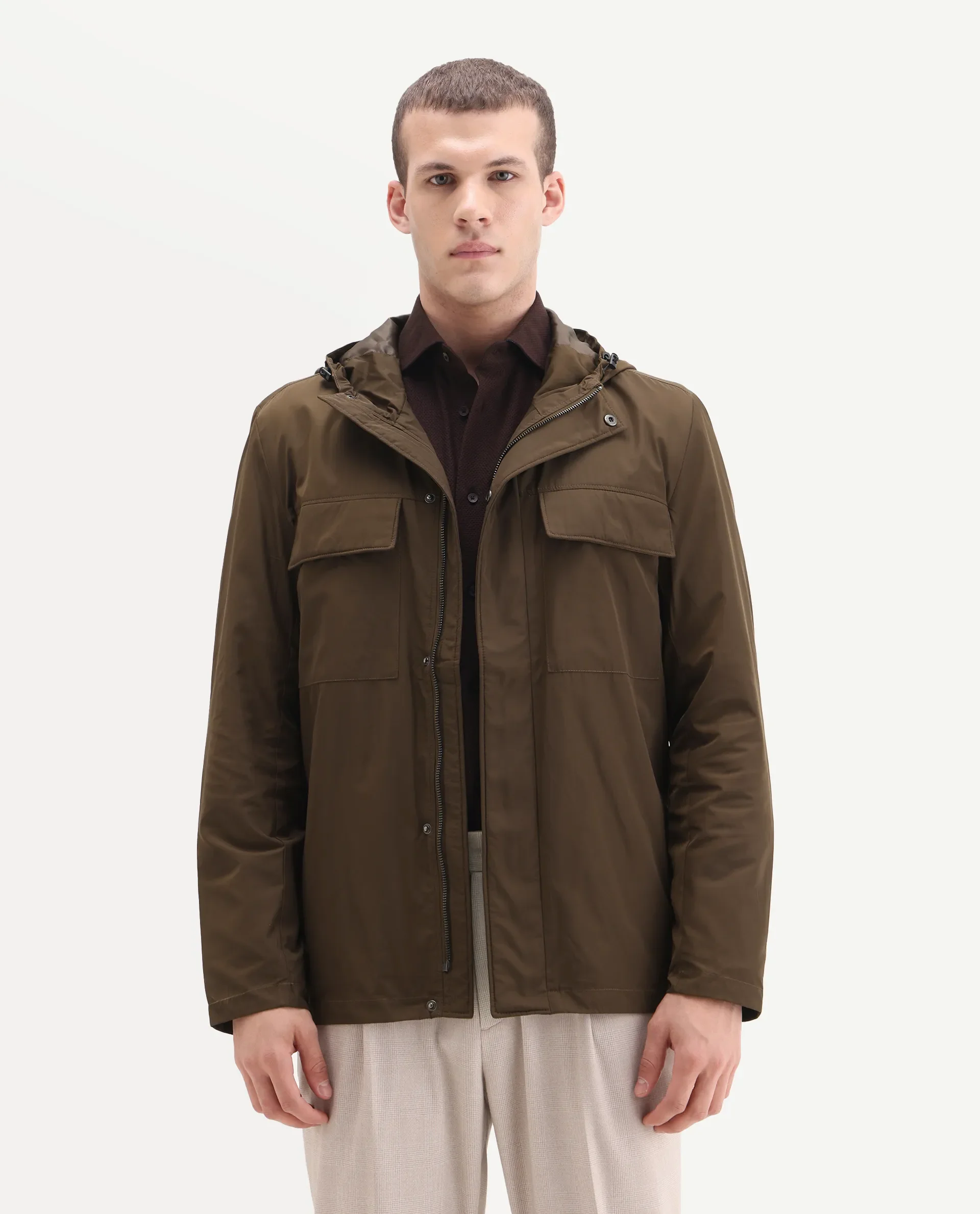 Rare Rabbit Men's Boqi Coffee Polyester Fabric Hooded Regular Fit Plain Jacket