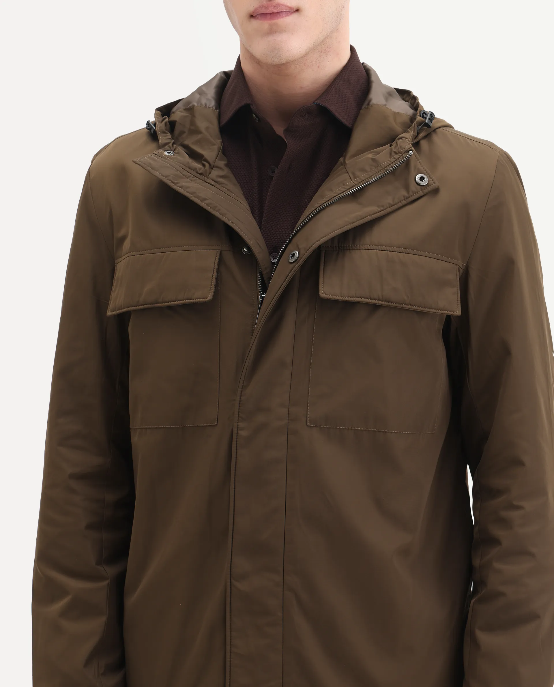 Rare Rabbit Men's Boqi Coffee Polyester Fabric Hooded Regular Fit Plain Jacket - Image 3