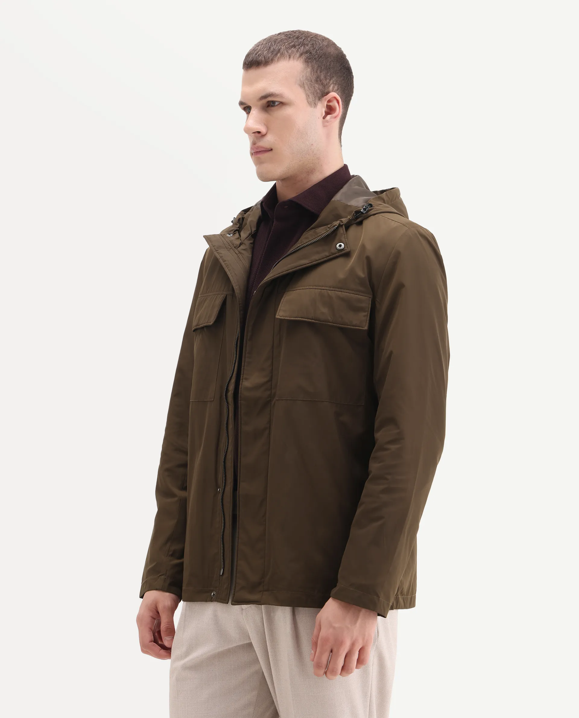 Rare Rabbit Men's Boqi Coffee Polyester Fabric Hooded Regular Fit Plain Jacket - Image 4