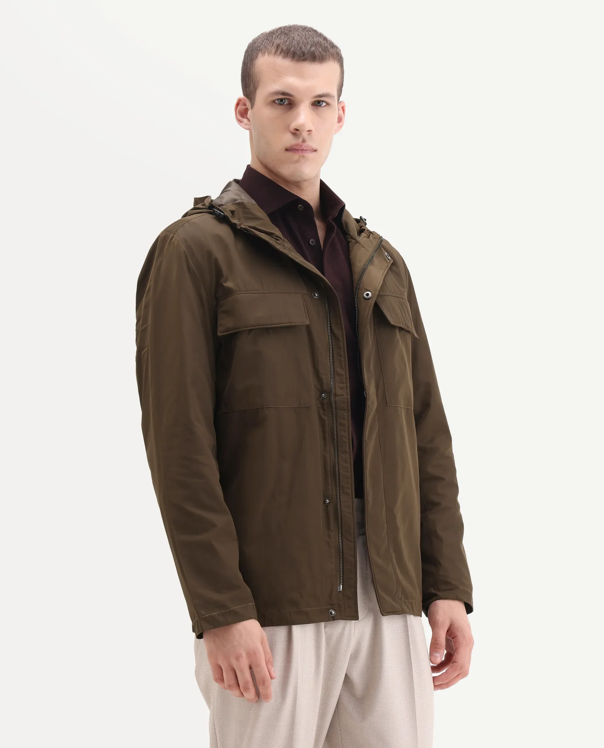 Rare Rabbit Men's Boqi Coffee Polyester Fabric Hooded Regular Fit Plain Jacket - Image 5