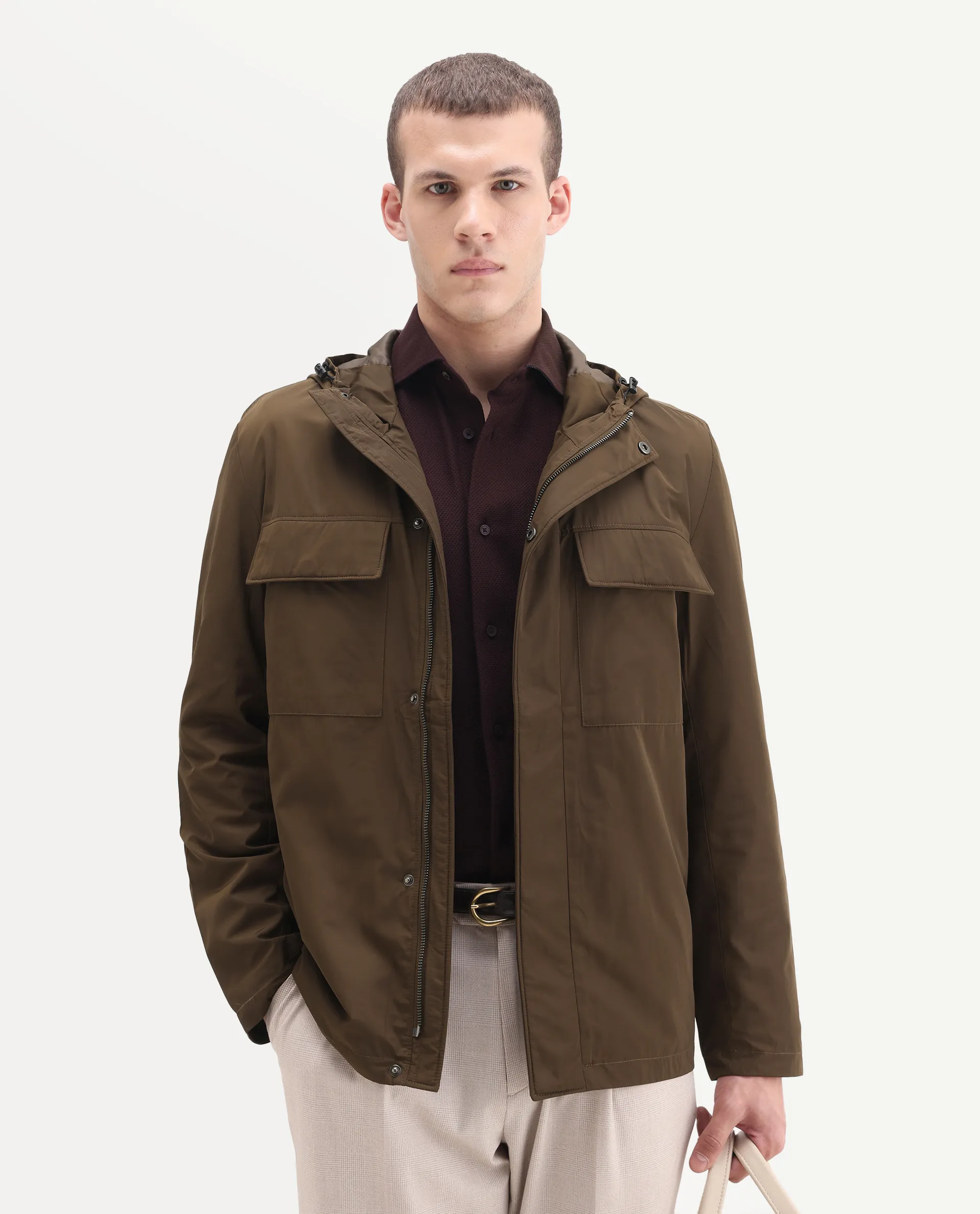 Rare Rabbit Men's Boqi Coffee Polyester Fabric Hooded Regular Fit Plain Jacket - Image 6
