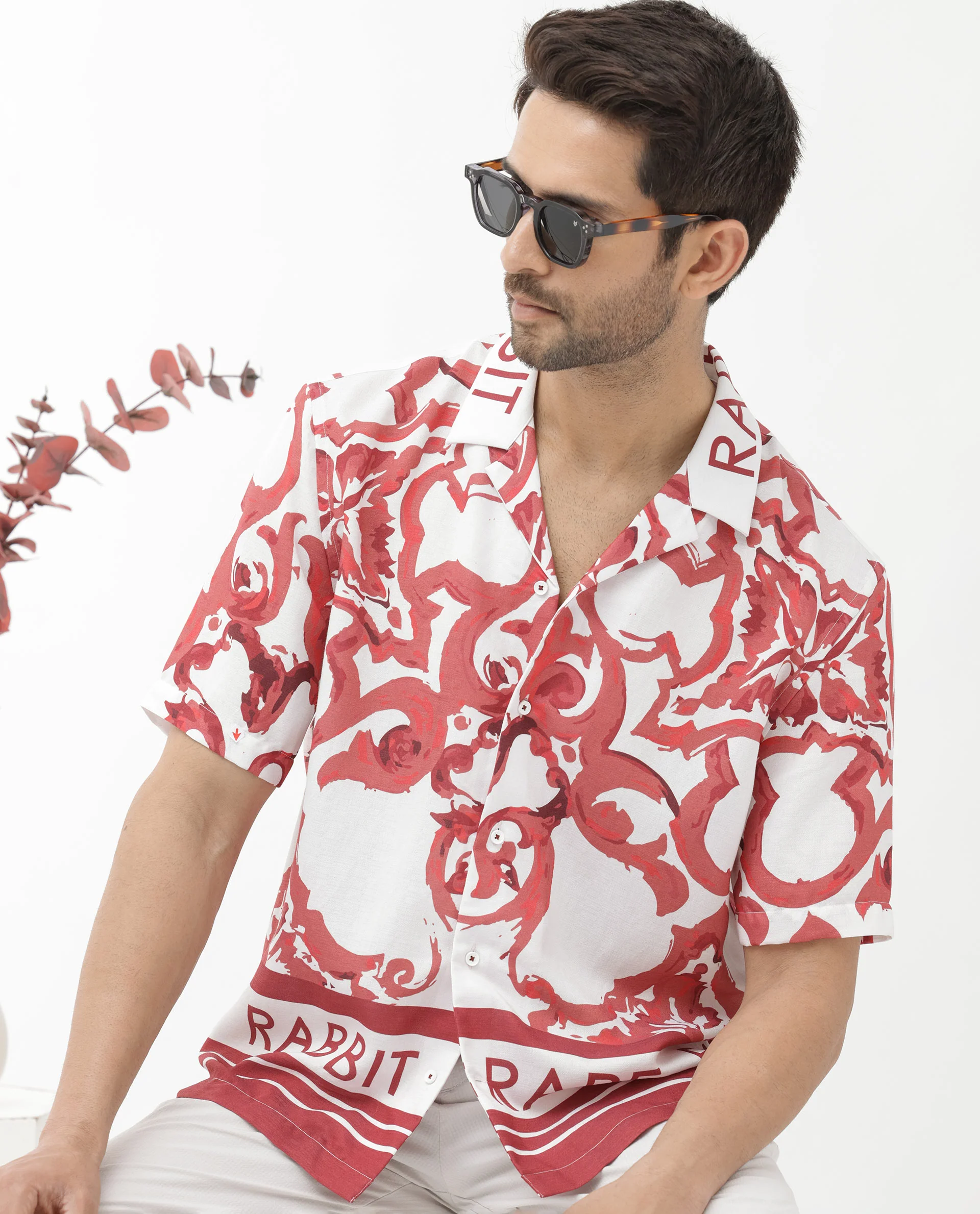 Rare Rabbit Men's Bordin Red Cotton Abstract Print Boxy Fit Half Sleeve Cuban Collar Shirt - Image 10