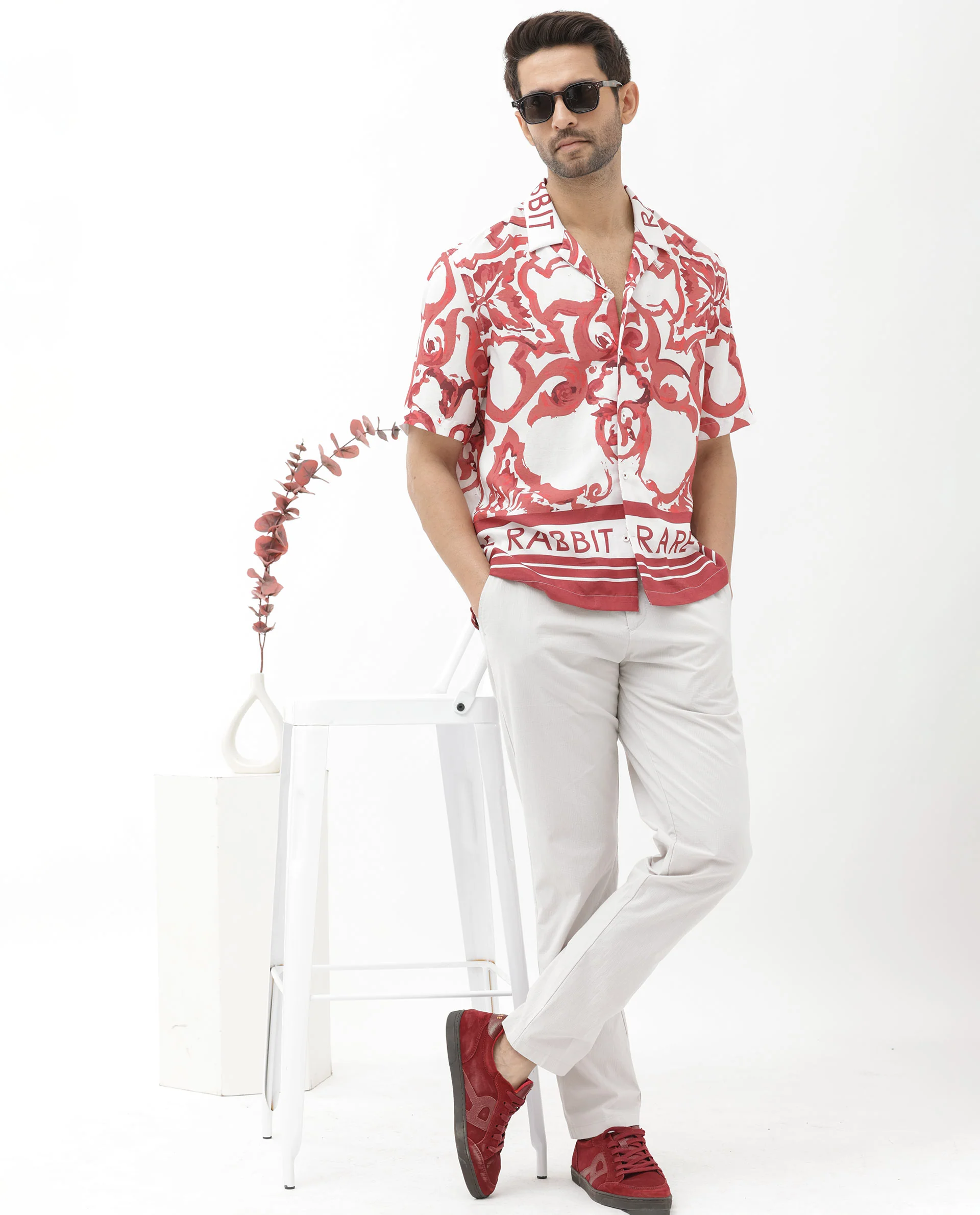 Rare Rabbit Men's Bordin Red Cotton Abstract Print Boxy Fit Half Sleeve Cuban Collar Shirt - Image 2