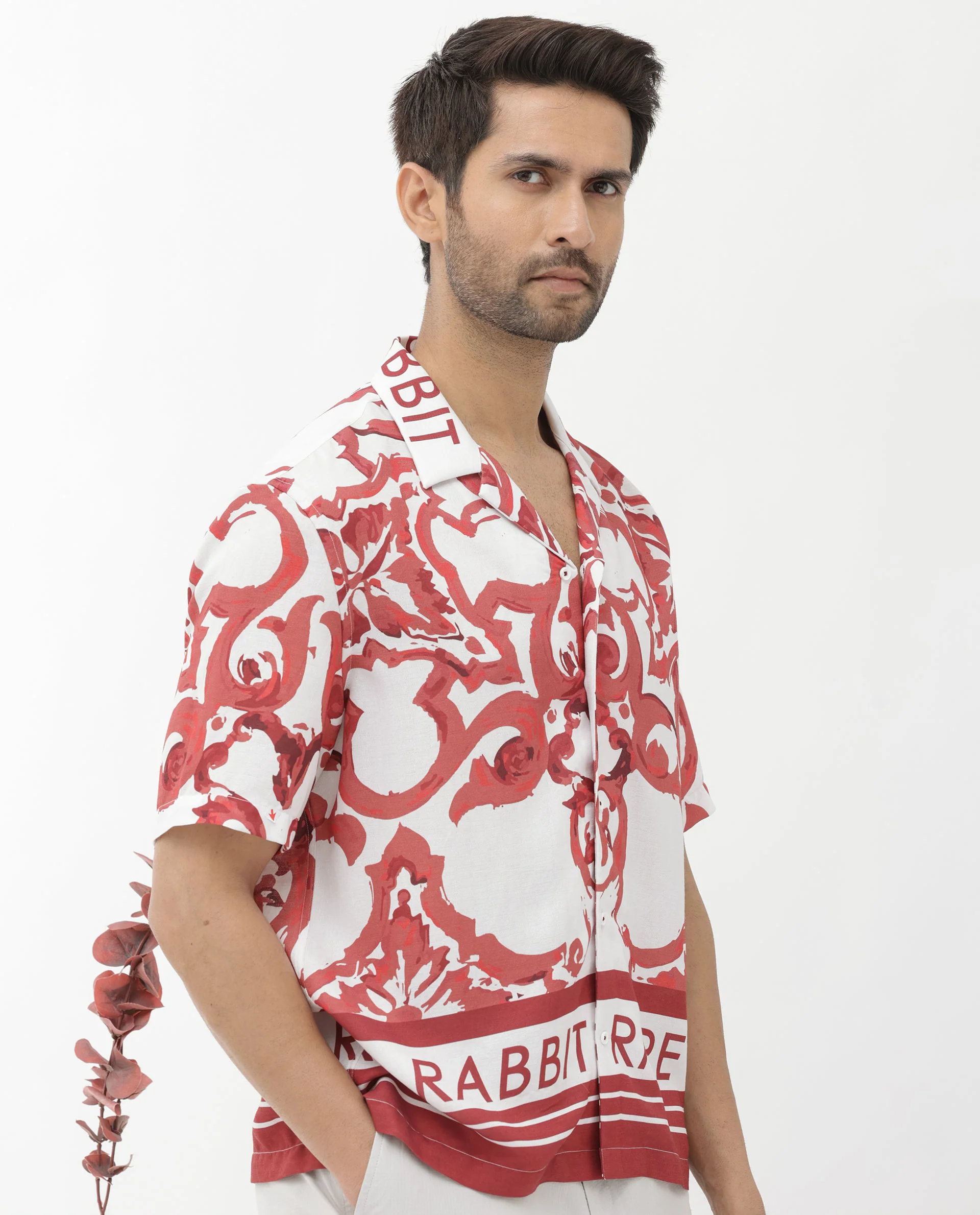 Rare Rabbit Men's Bordin Red Cotton Abstract Print Boxy Fit Half Sleeve Cuban Collar Shirt - Image 3