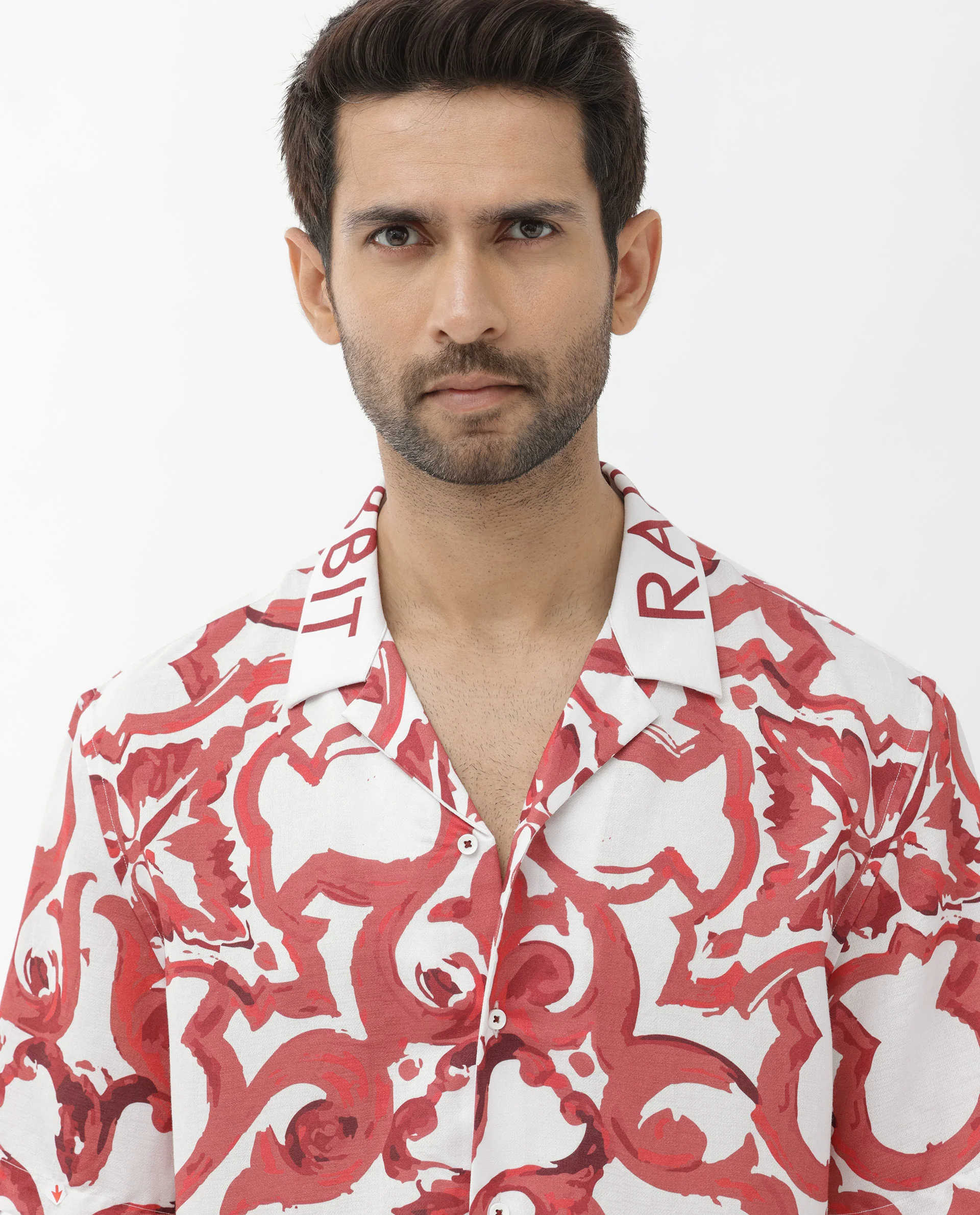 Rare Rabbit Men's Bordin Red Cotton Abstract Print Boxy Fit Half Sleeve Cuban Collar Shirt - Image 4