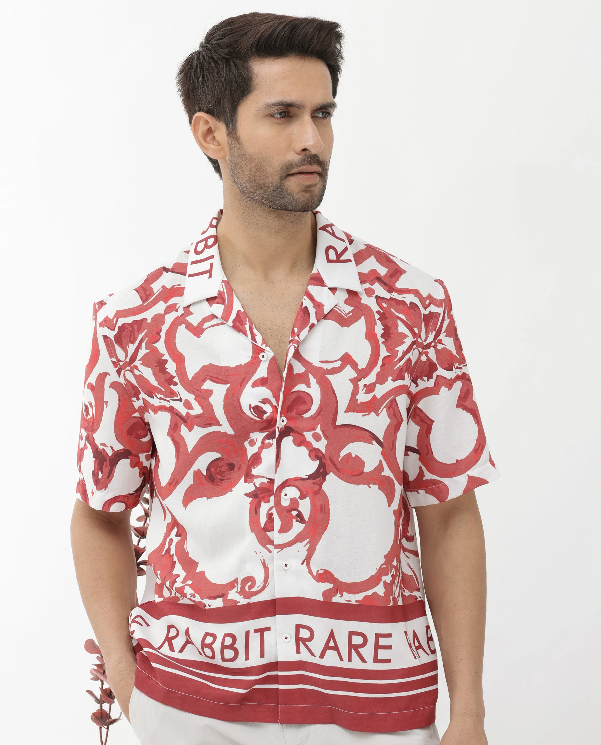 Rare Rabbit Men's Bordin Red Cotton Abstract Print Boxy Fit Half Sleeve Cuban Collar Shirt - Image 7