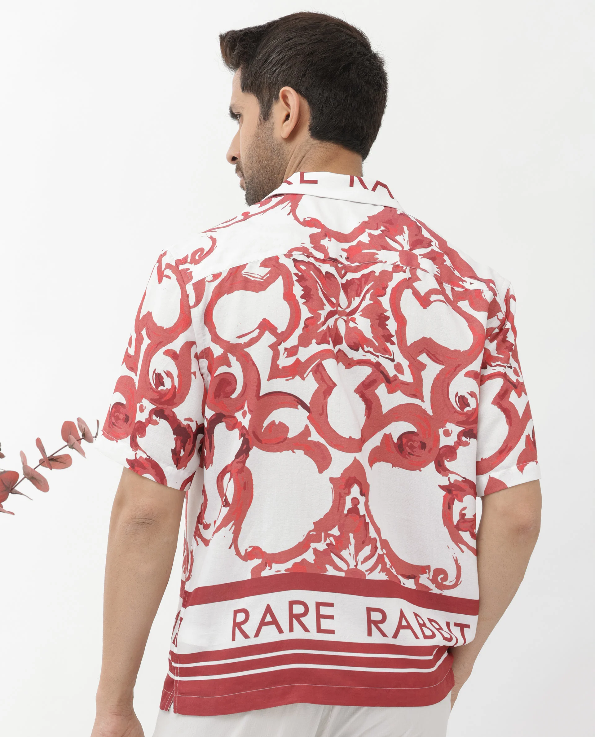 Rare Rabbit Men's Bordin Red Cotton Abstract Print Boxy Fit Half Sleeve Cuban Collar Shirt - Image 8