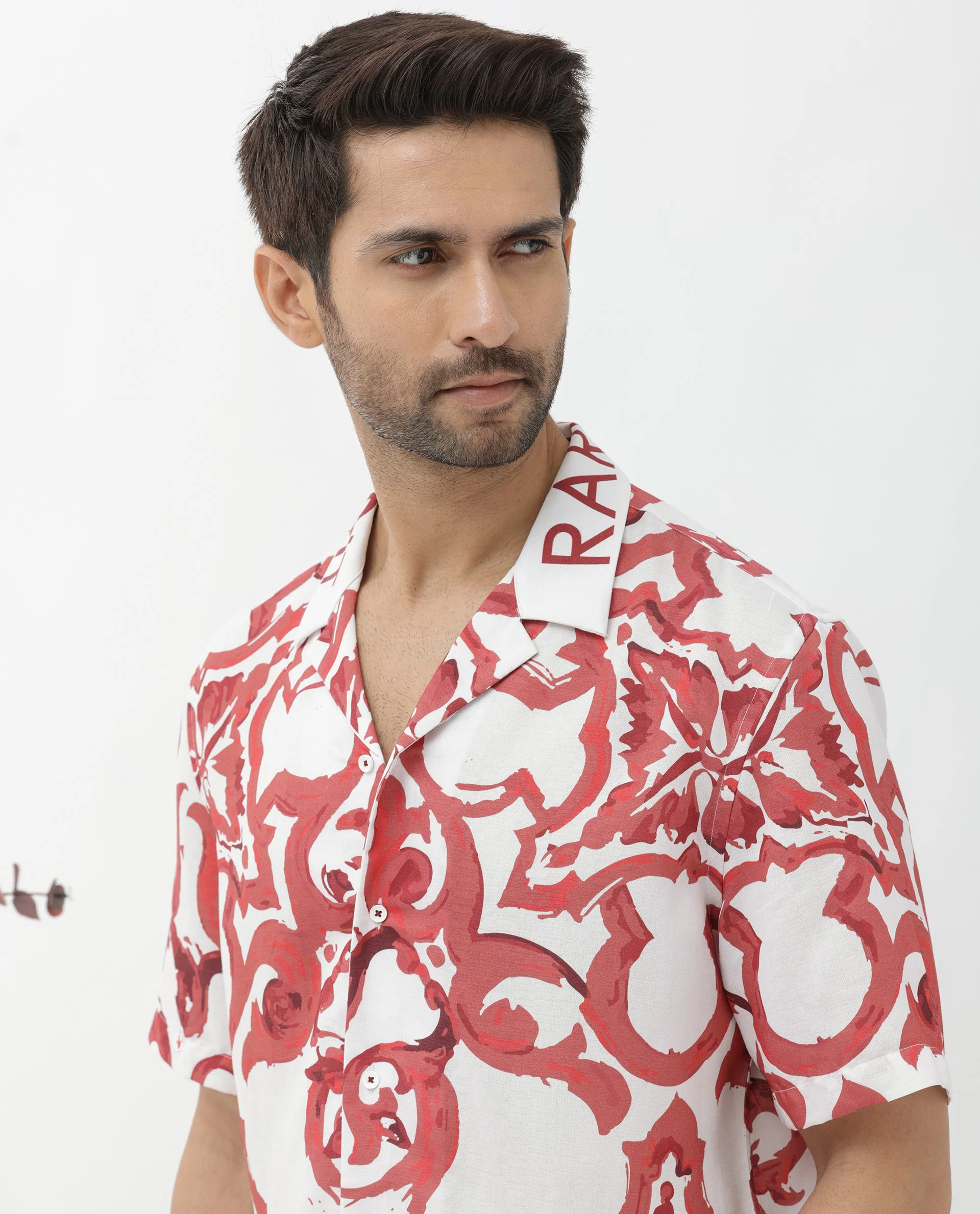 Rare Rabbit Men's Bordin Red Cotton Abstract Print Boxy Fit Half Sleeve Cuban Collar Shirt - Image 9