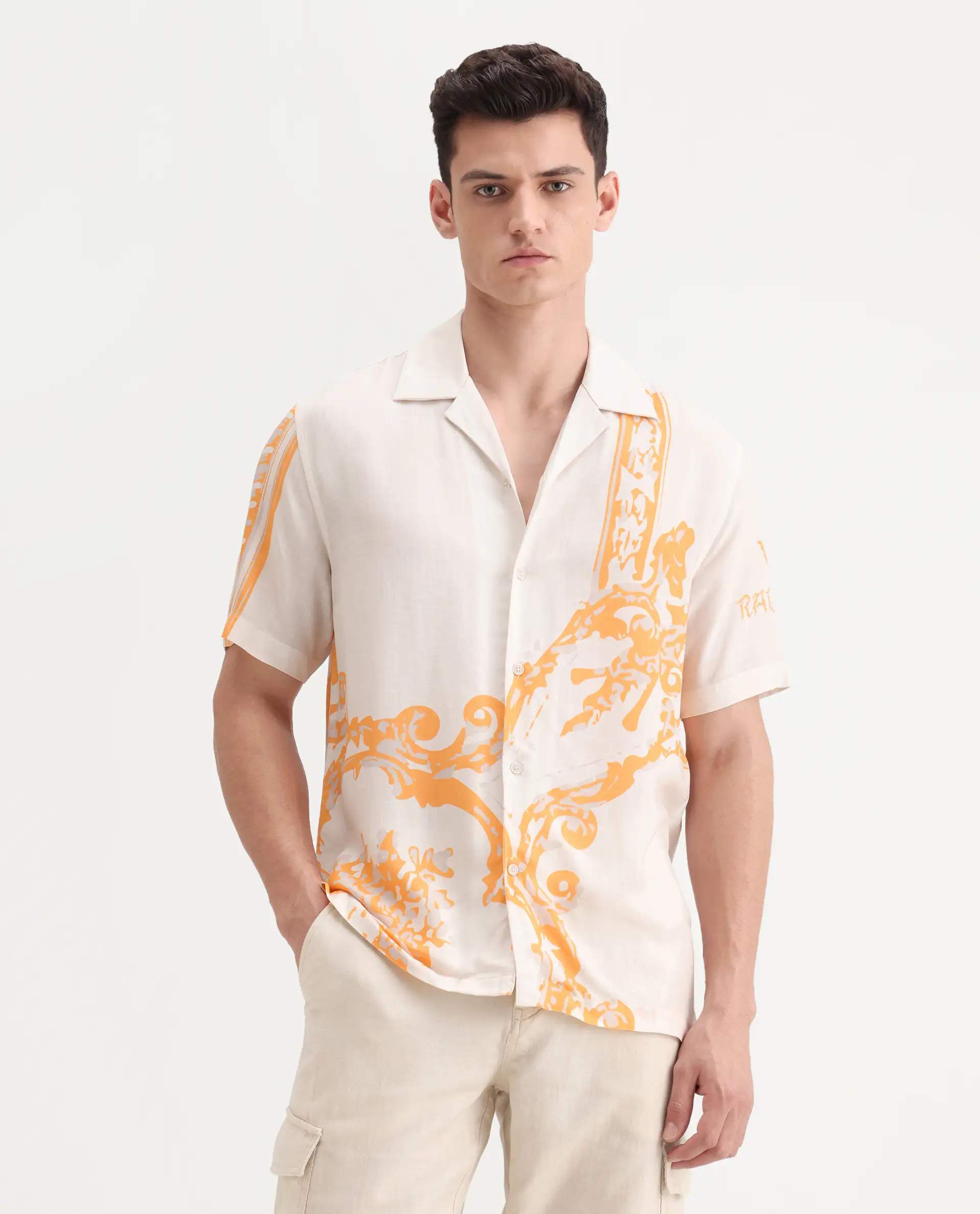Rare Rabbit Men's Bordis-25 Off White Viscose Abstract Print Boxy Fit Half Sleeve Spread Collar Shirt - Image 4