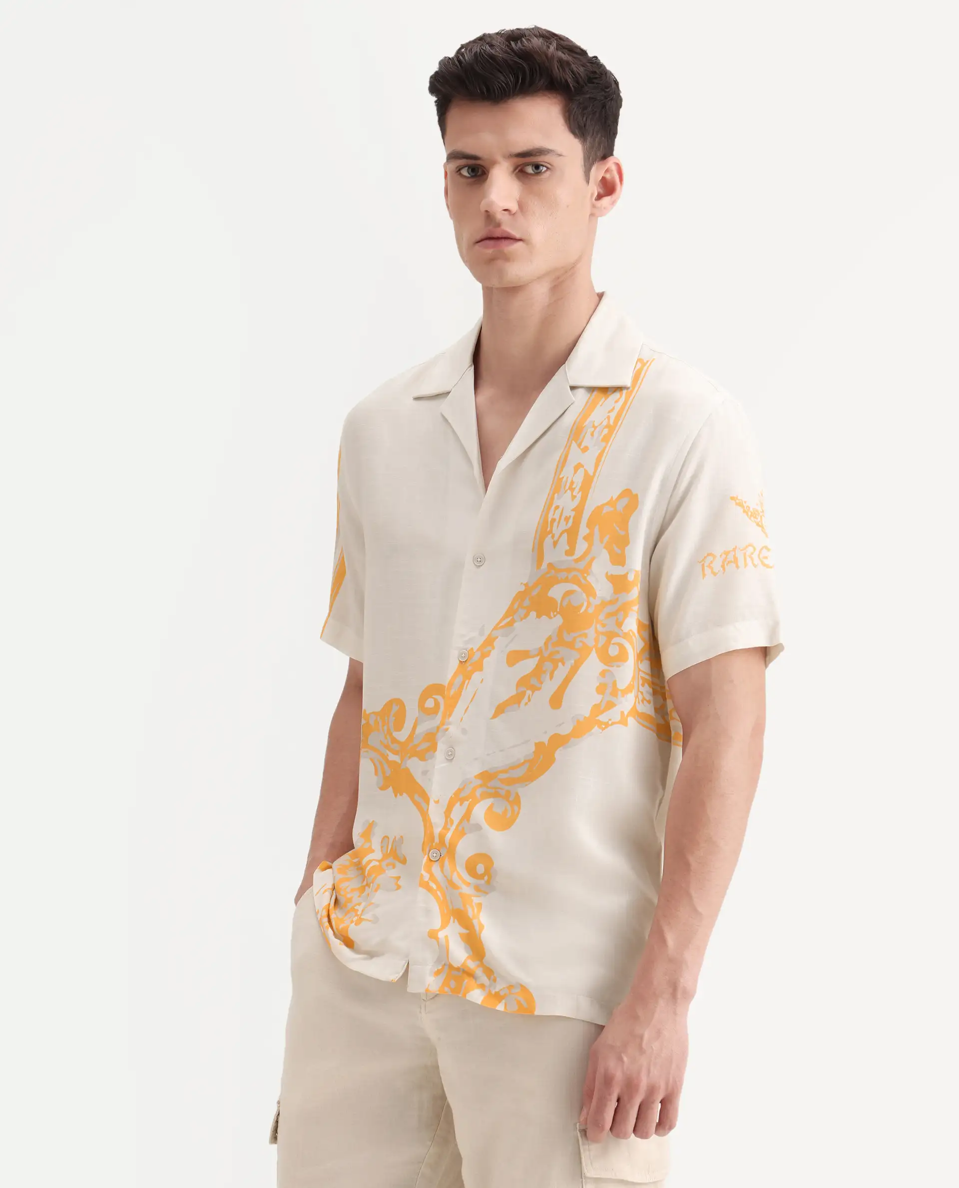 Rare Rabbit Men's Bordis-25 Off White Viscose Abstract Print Boxy Fit Half Sleeve Spread Collar Shirt - Image 5