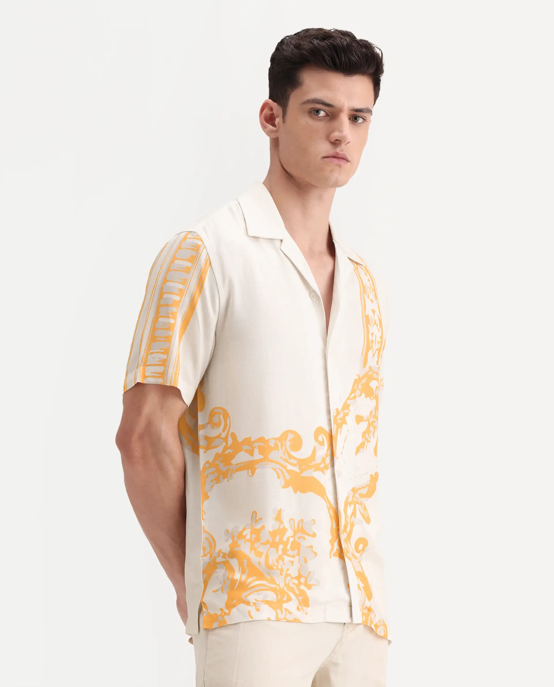 Rare Rabbit Men's Bordis-25 Off White Viscose Abstract Print Boxy Fit Half Sleeve Spread Collar Shirt - Image 6