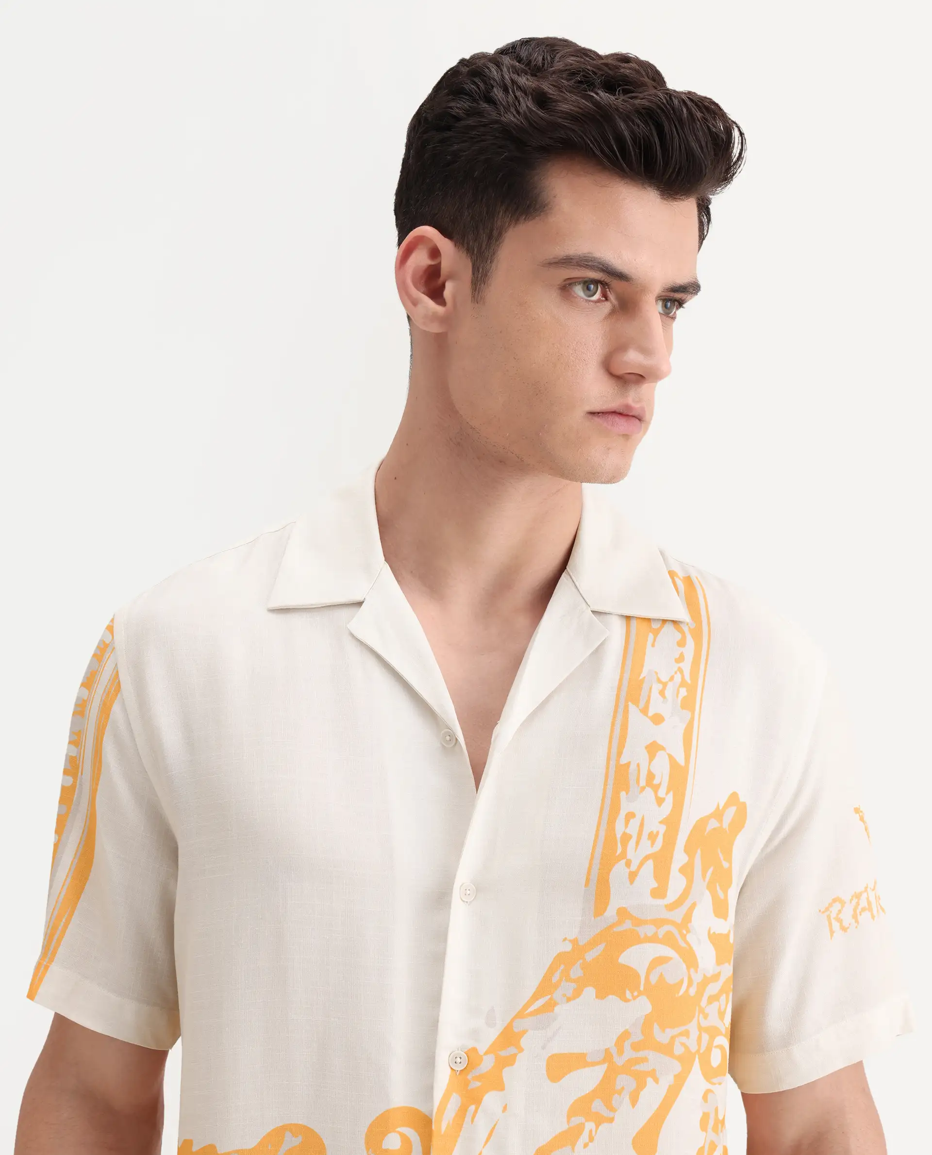 Rare Rabbit Men's Bordis-25 Off White Viscose Abstract Print Boxy Fit Half Sleeve Spread Collar Shirt - Image 7