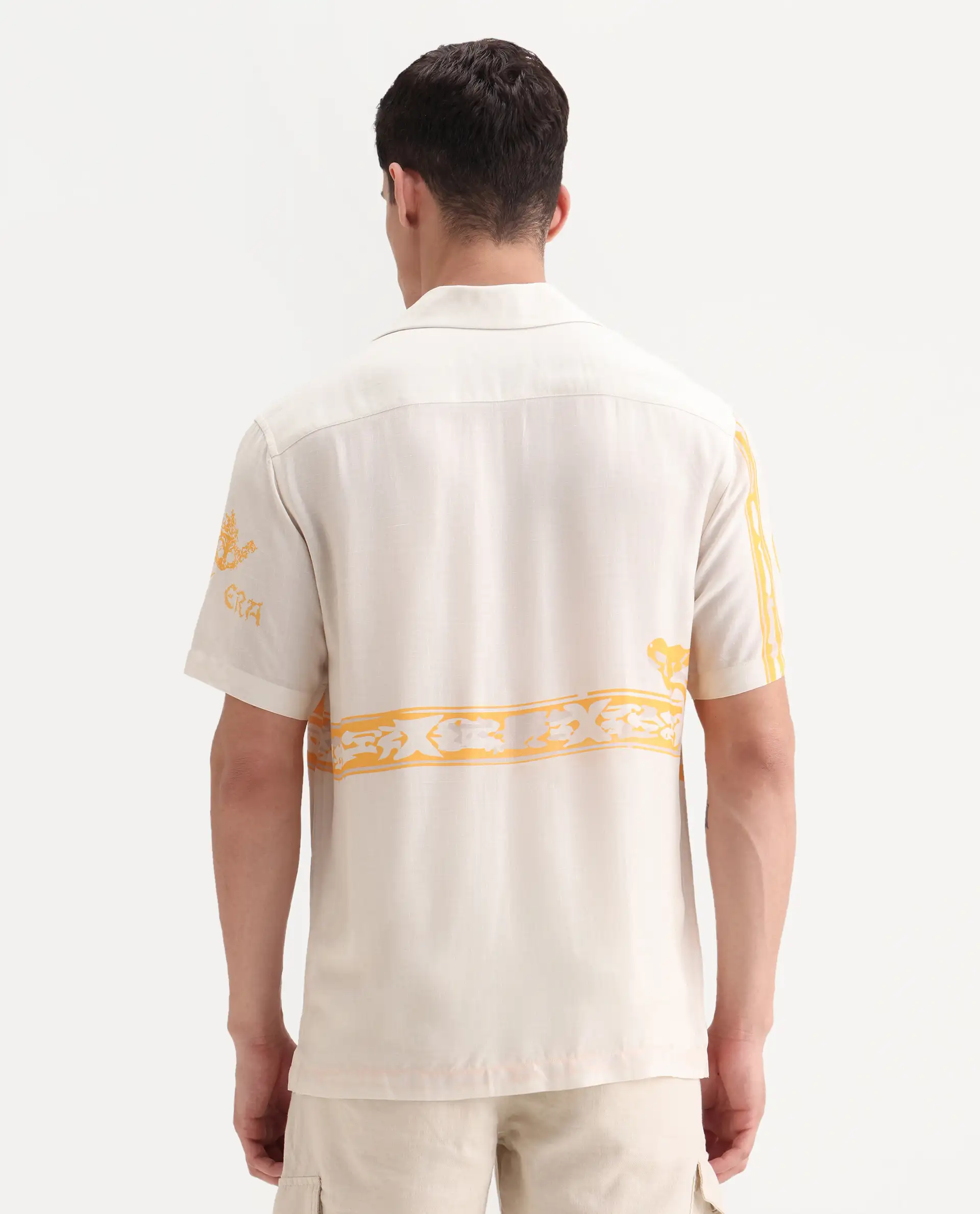 Rare Rabbit Men's Bordis-25 Off White Viscose Abstract Print Boxy Fit Half Sleeve Spread Collar Shirt - Image 8