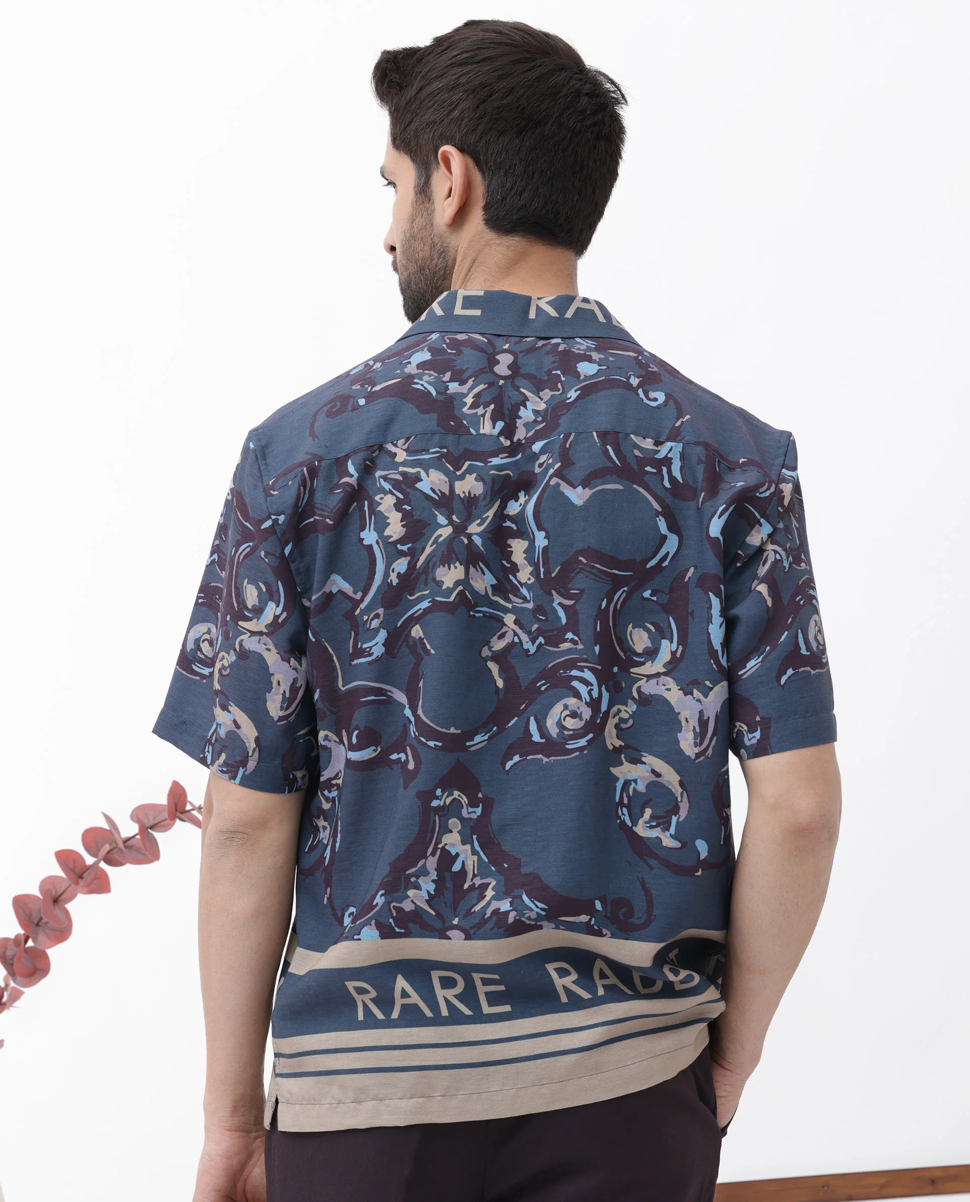 Rare Rabbit Men's Bordi Dark Navy Viscose Abstract Print Boxy Fit Half Sleeve Cuban Collar Shirt - Image 11