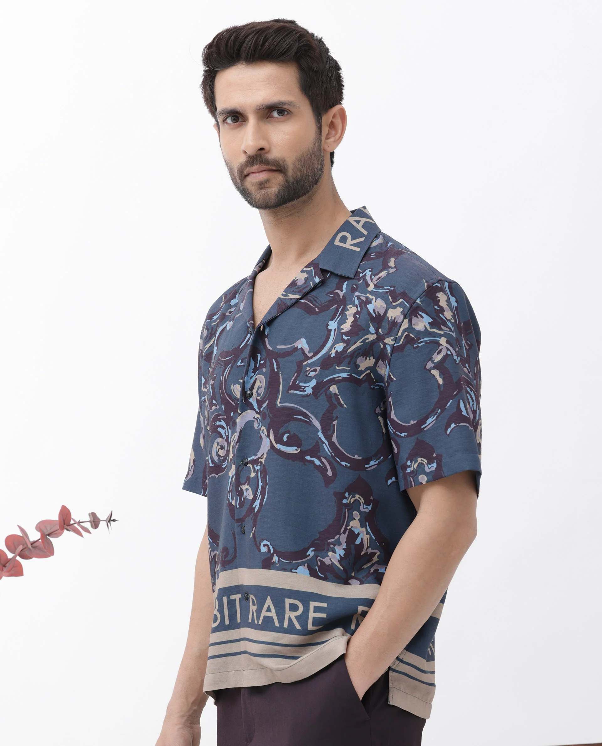Rare Rabbit Men's Bordi Dark Navy Viscose Abstract Print Boxy Fit Half Sleeve Cuban Collar Shirt - Image 12