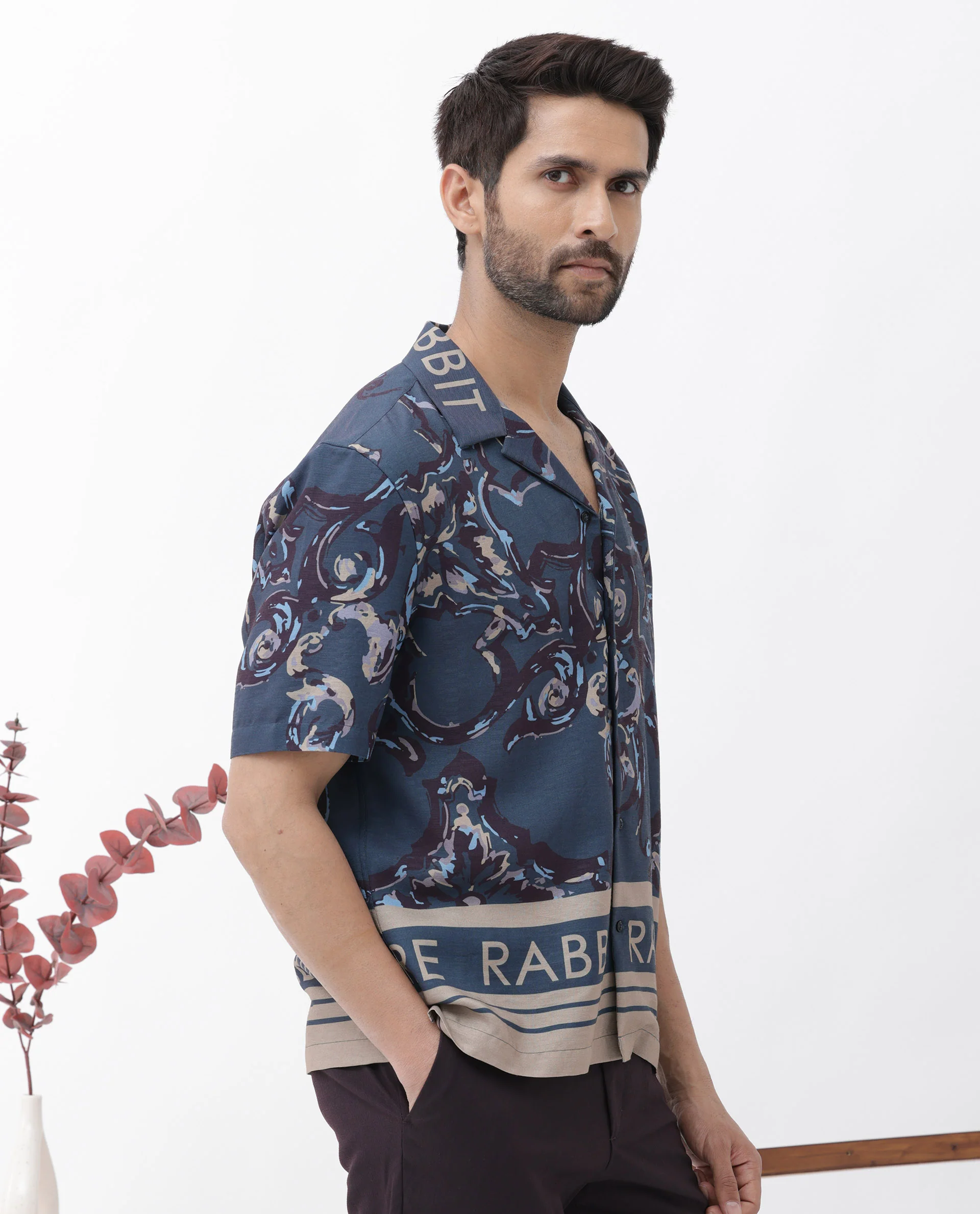 Rare Rabbit Men's Bordi Dark Navy Viscose Abstract Print Boxy Fit Half Sleeve Cuban Collar Shirt - Image 13