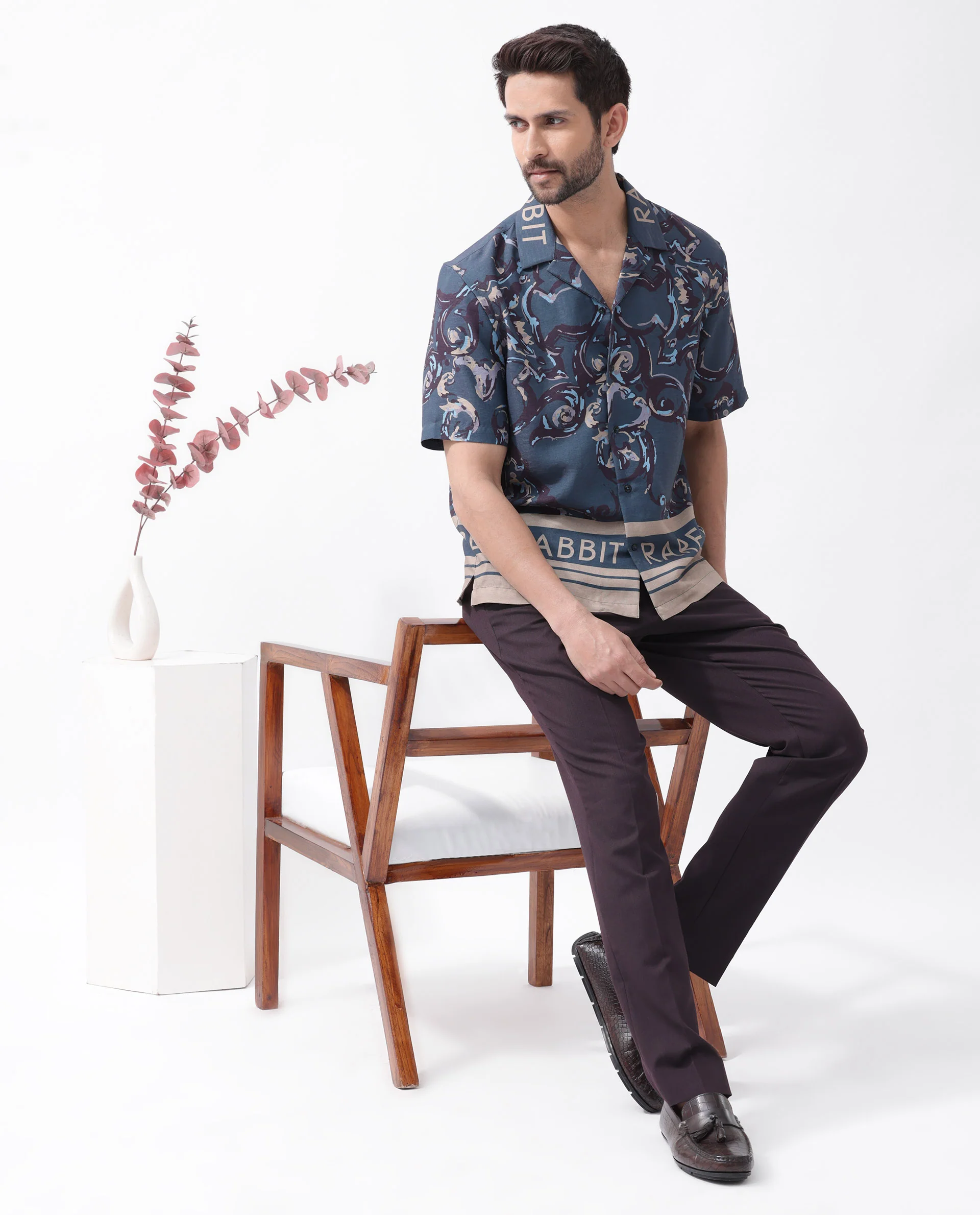 Rare Rabbit Men's Bordi Dark Navy Viscose Abstract Print Boxy Fit Half Sleeve Cuban Collar Shirt - Image 2