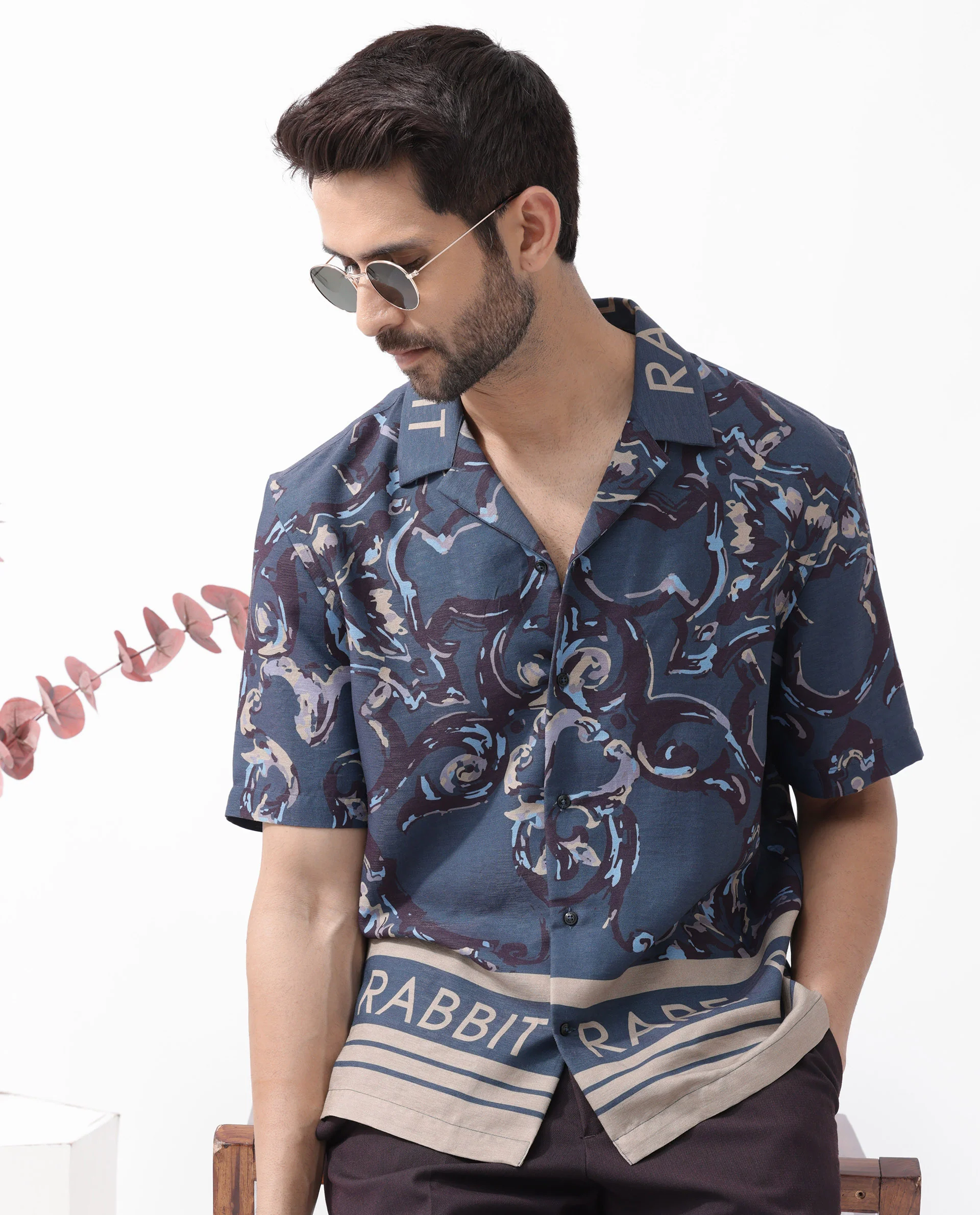 Rare Rabbit Men's Bordi Dark Navy Viscose Abstract Print Boxy Fit Half Sleeve Cuban Collar Shirt - Image 3