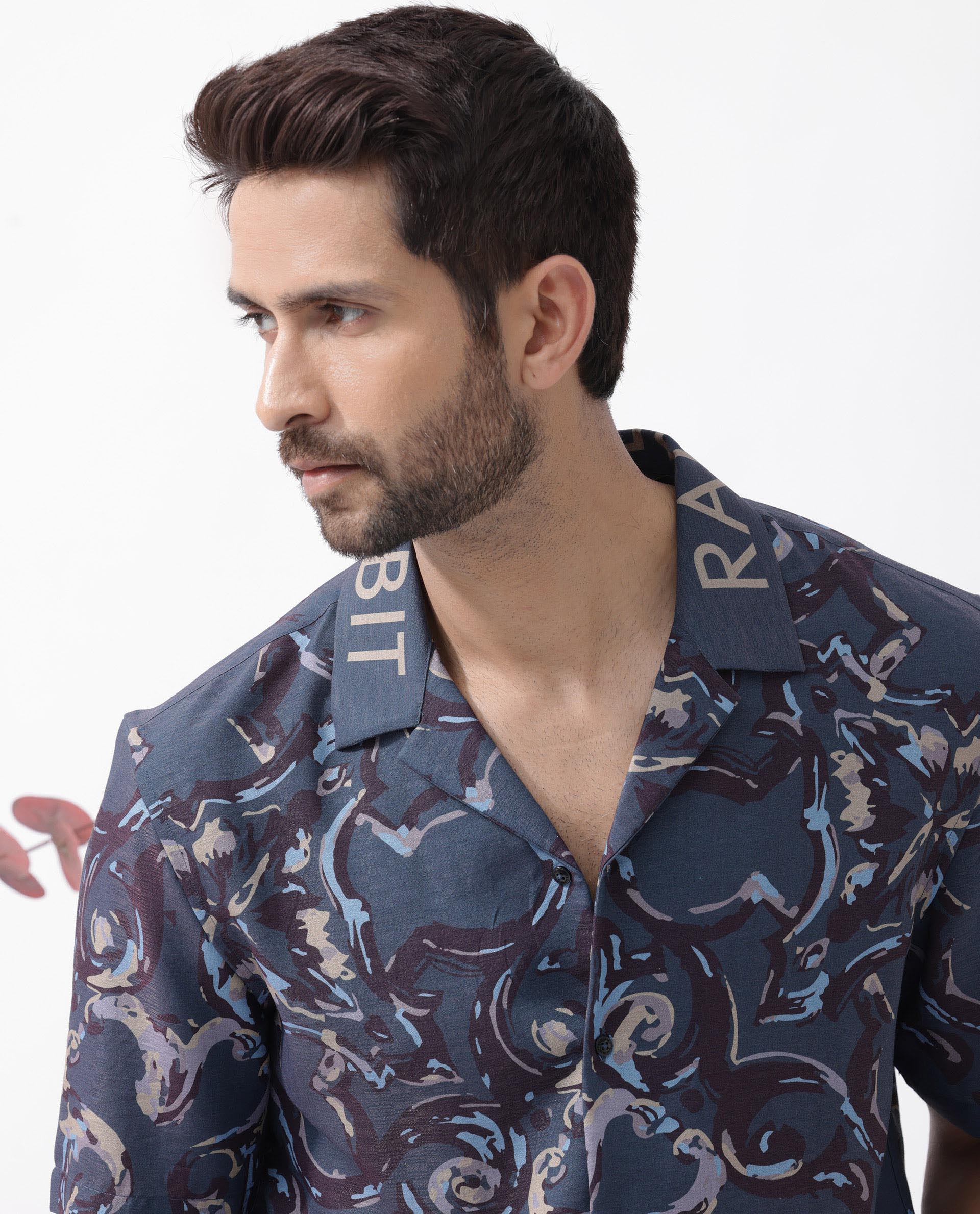 Rare Rabbit Men's Bordi Dark Navy Viscose Abstract Print Boxy Fit Half Sleeve Cuban Collar Shirt - Image 4