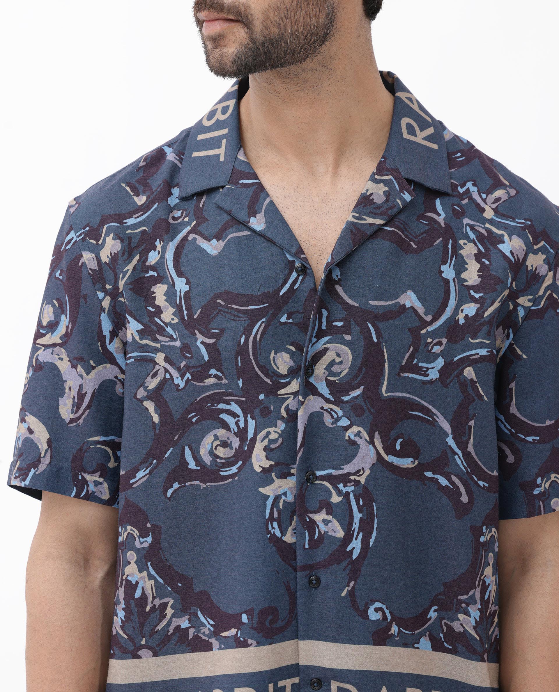 Rare Rabbit Men's Bordi Dark Navy Viscose Abstract Print Boxy Fit Half Sleeve Cuban Collar Shirt - Image 5