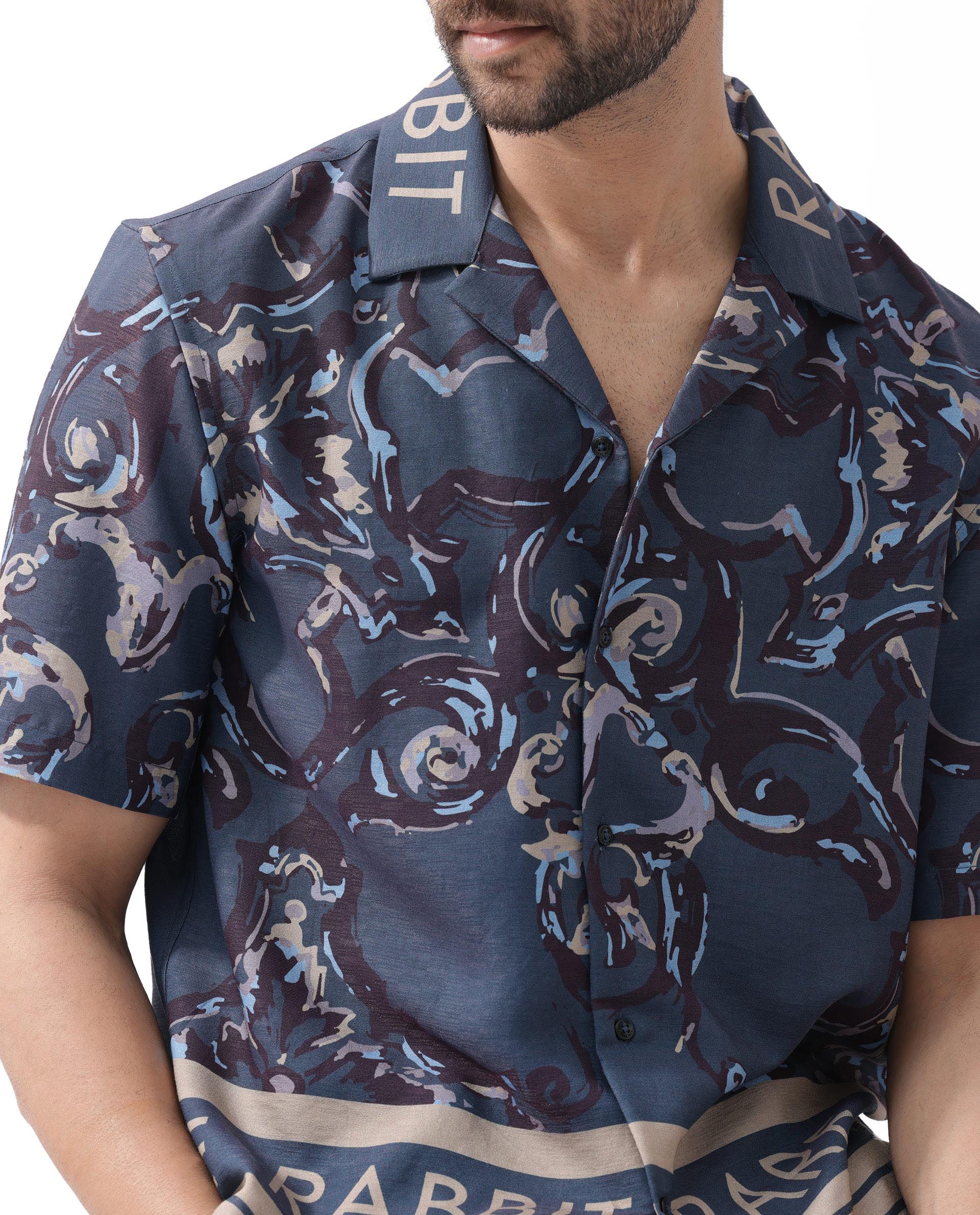 Rare Rabbit Men's Bordi Dark Navy Viscose Abstract Print Boxy Fit Half Sleeve Cuban Collar Shirt - Image 6
