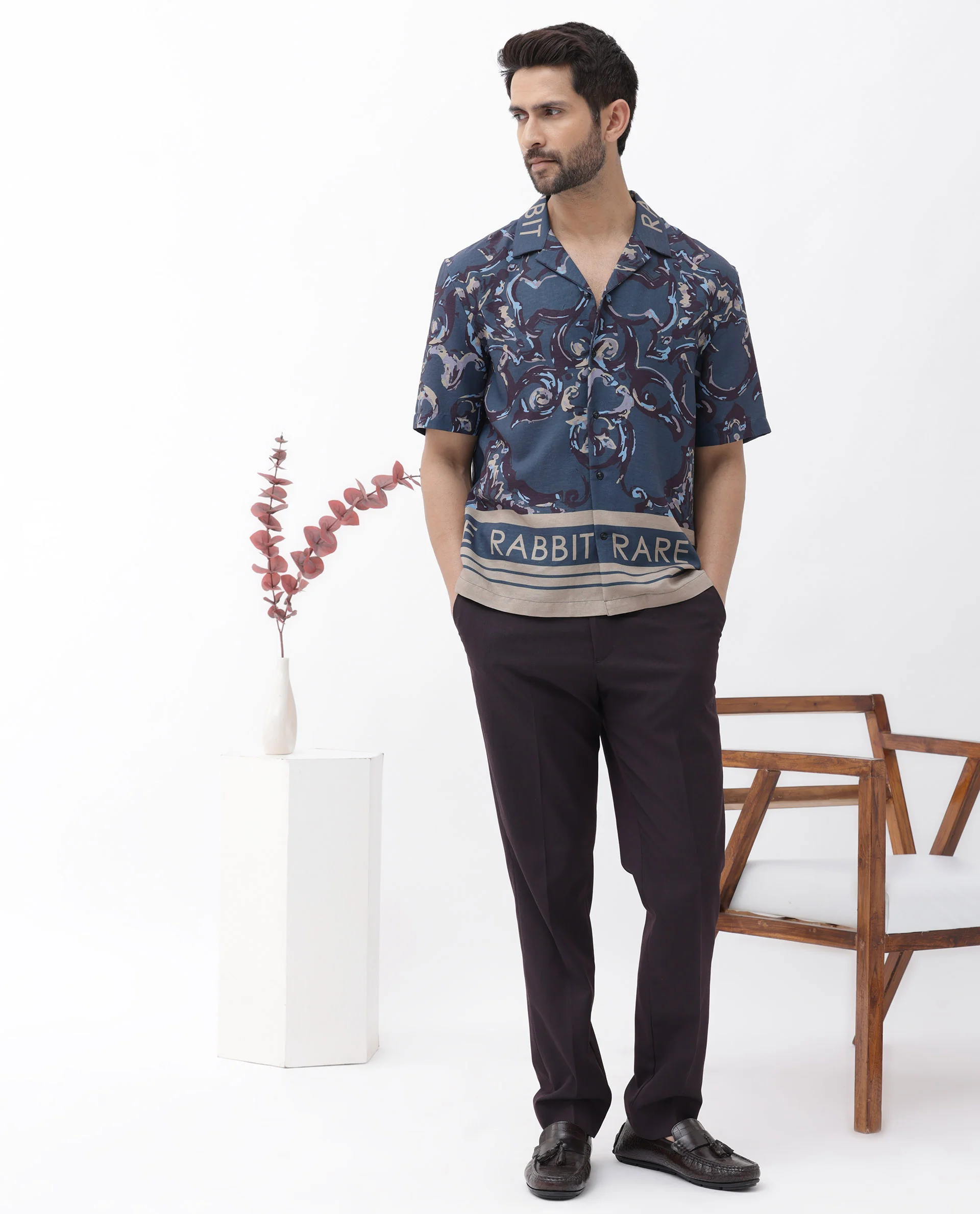 Rare Rabbit Men's Bordi Dark Navy Viscose Abstract Print Boxy Fit Half Sleeve Cuban Collar Shirt - Image 7