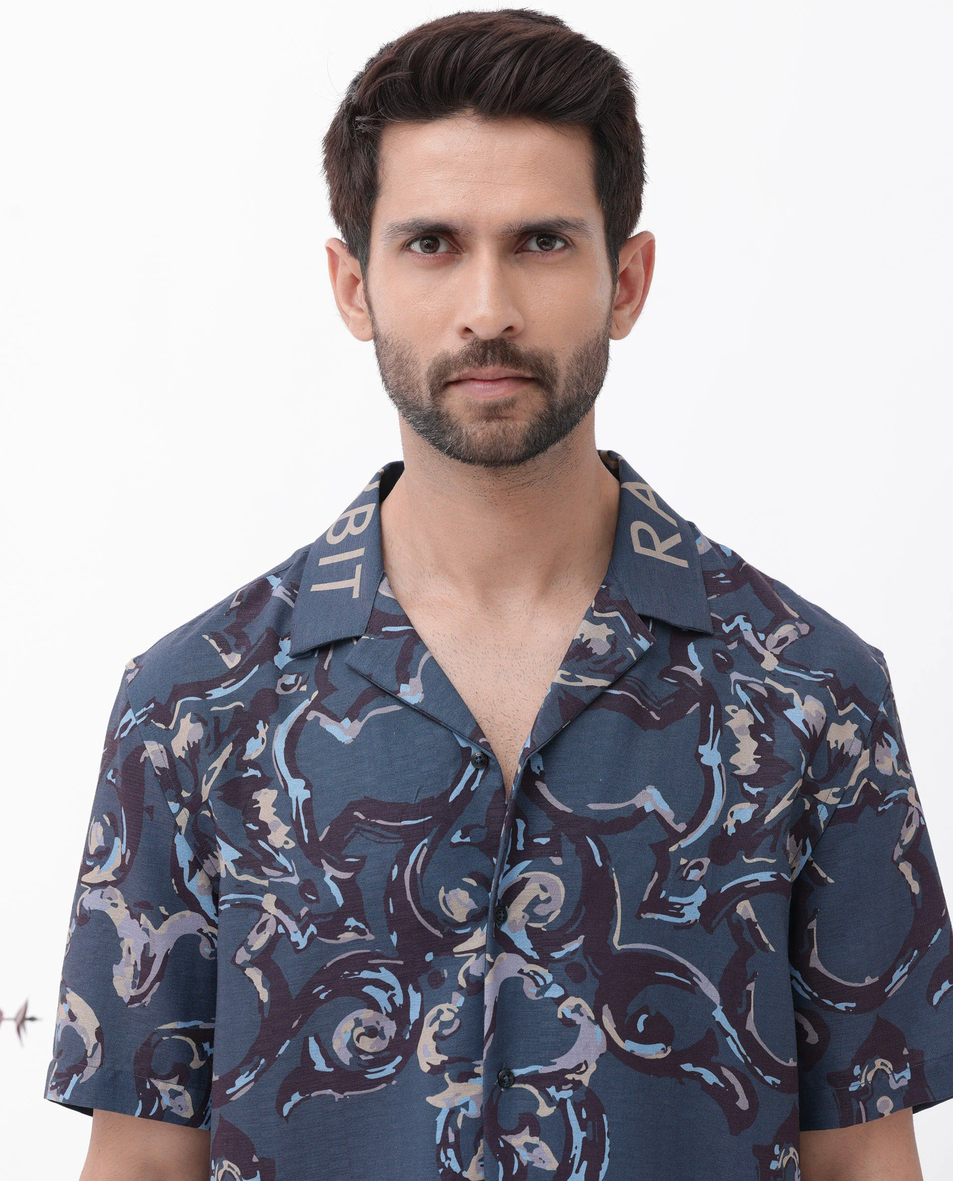 Rare Rabbit Men's Bordi Dark Navy Viscose Abstract Print Boxy Fit Half Sleeve Cuban Collar Shirt - Image 8