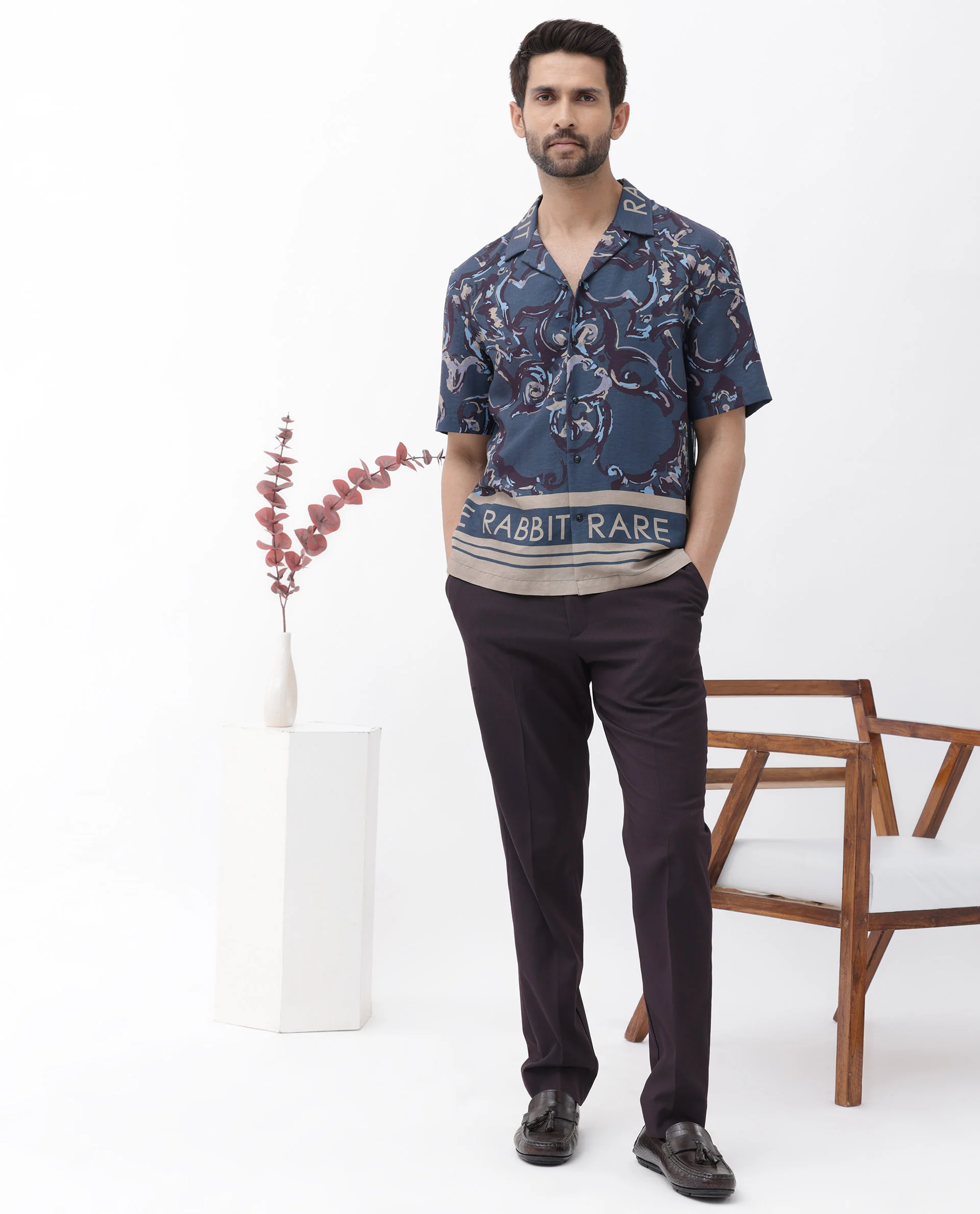 Rare Rabbit Men's Bordi Dark Navy Viscose Abstract Print Boxy Fit Half Sleeve Cuban Collar Shirt - Image 9