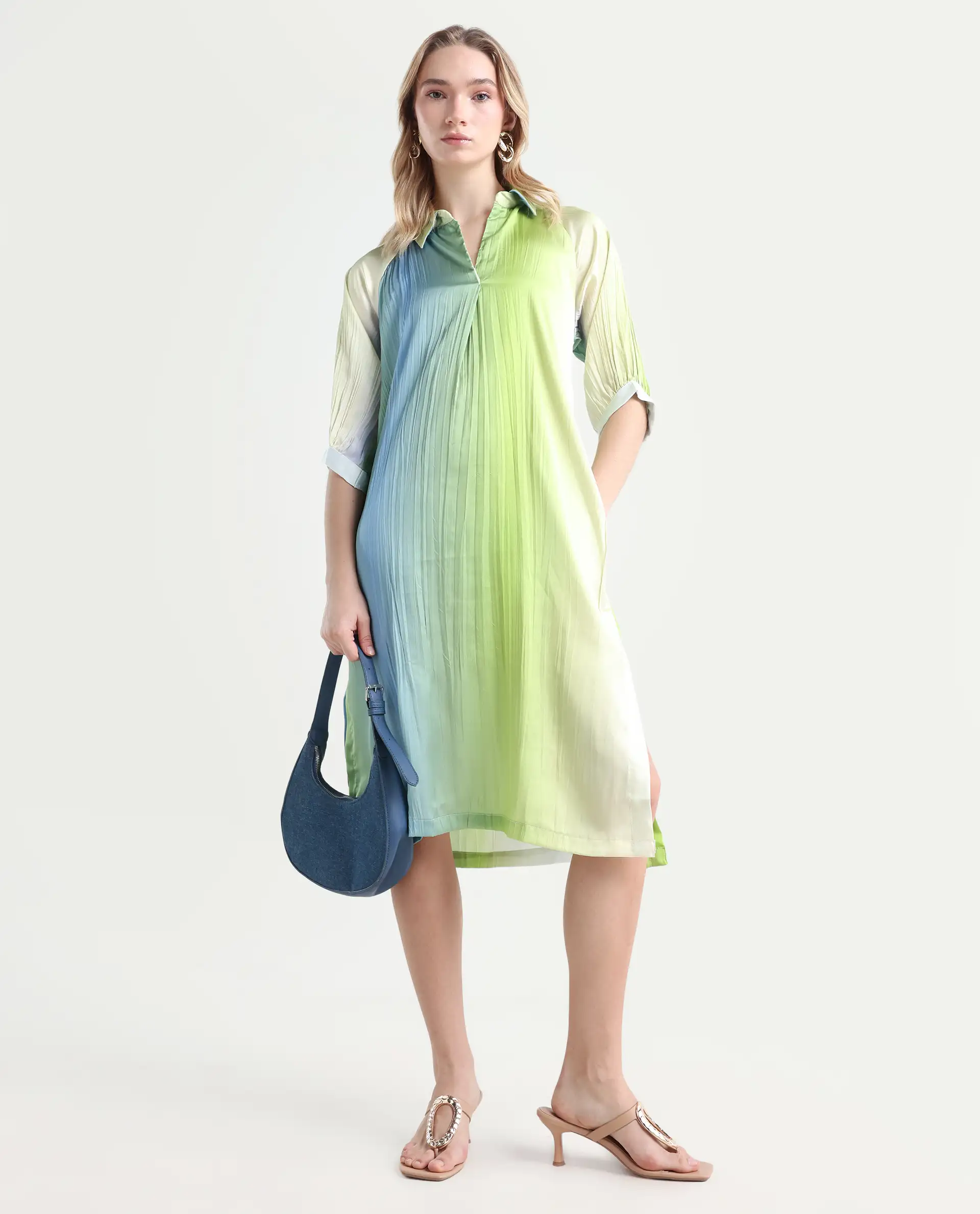 Rareism Women's Boris Multi Polyester Drop Collar Ombre Raglan Sleeve Midi A-Line Dress - Image 2