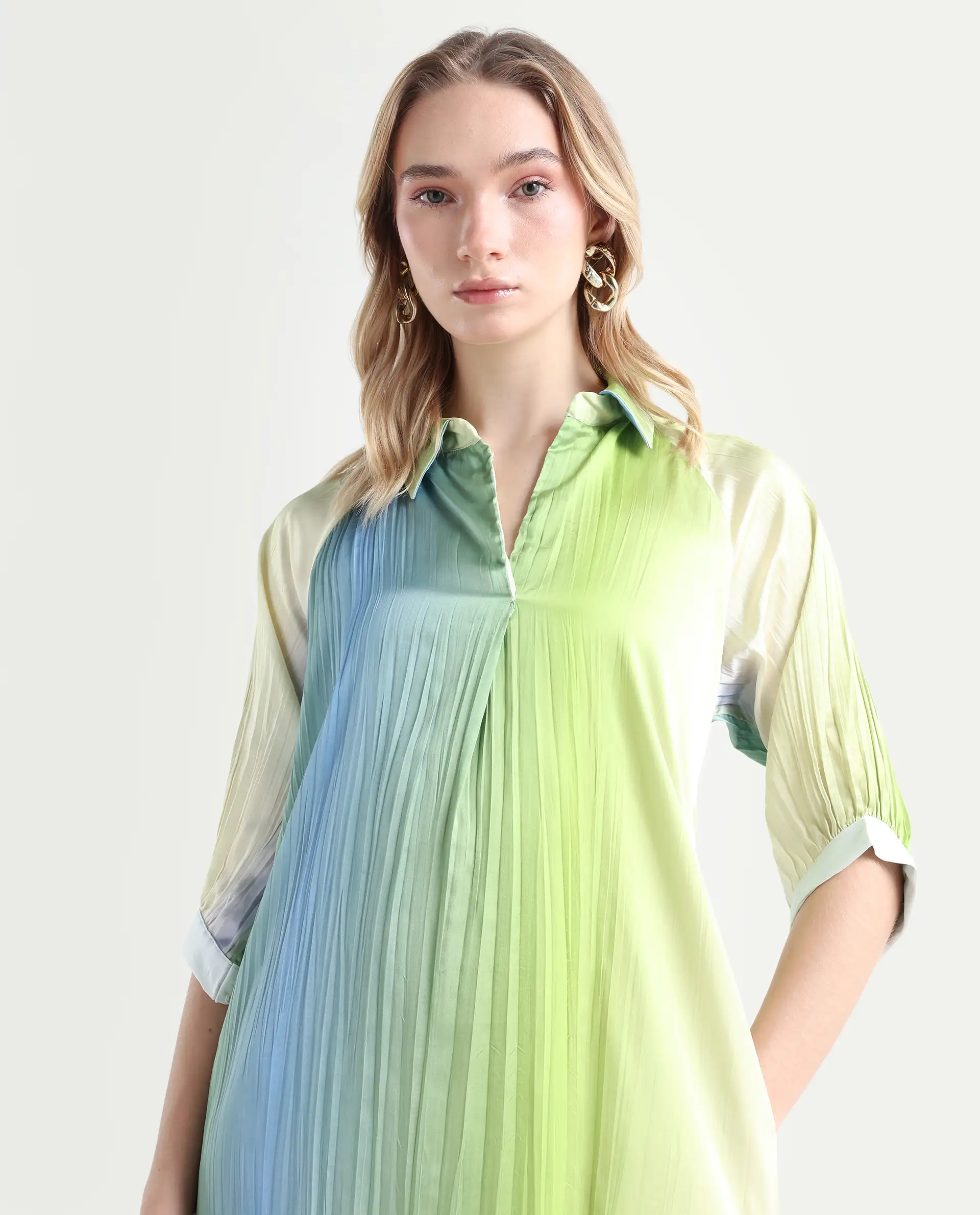Rareism Women's Boris Multi Polyester Drop Collar Ombre Raglan Sleeve Midi A-Line Dress - Image 3