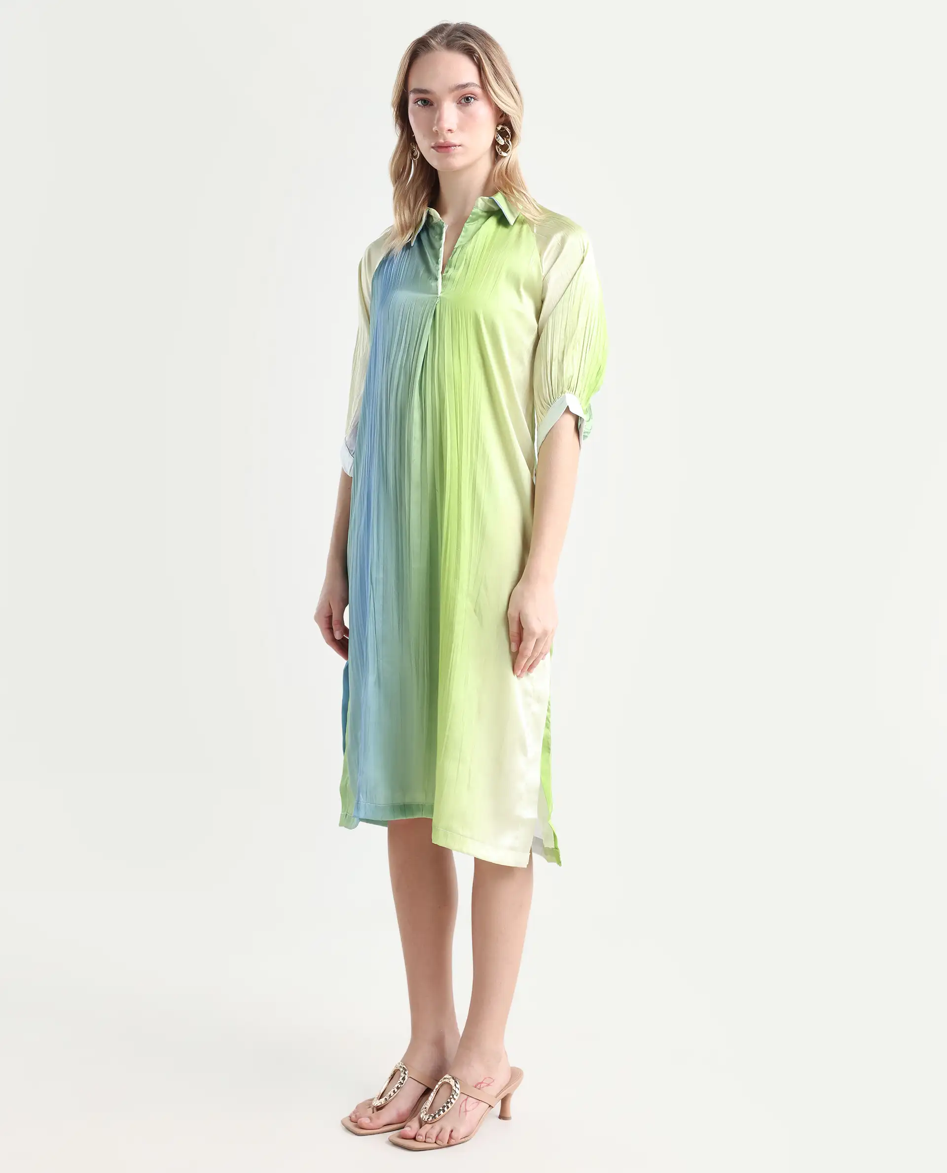 Rareism Women's Boris Multi Polyester Drop Collar Ombre Raglan Sleeve Midi A-Line Dress - Image 4